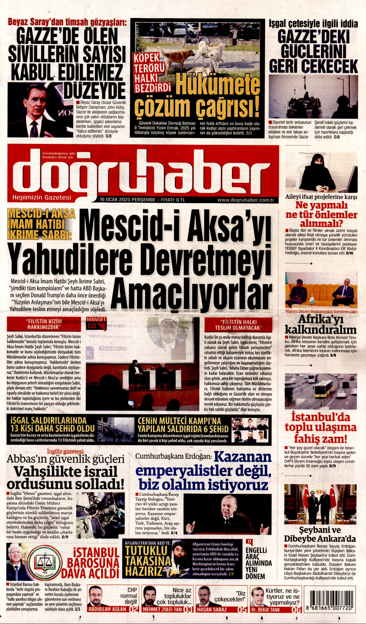 DOĞRU HABER gazetesinin 16 Ocak 2025 tarihli birinci sayfası