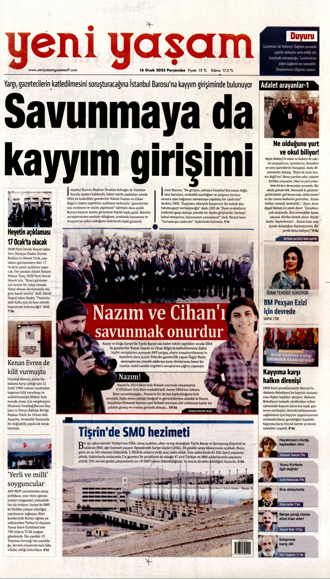 YENİ YAŞAM gazetesinin 16 Ocak 2025 tarihli birinci sayfası