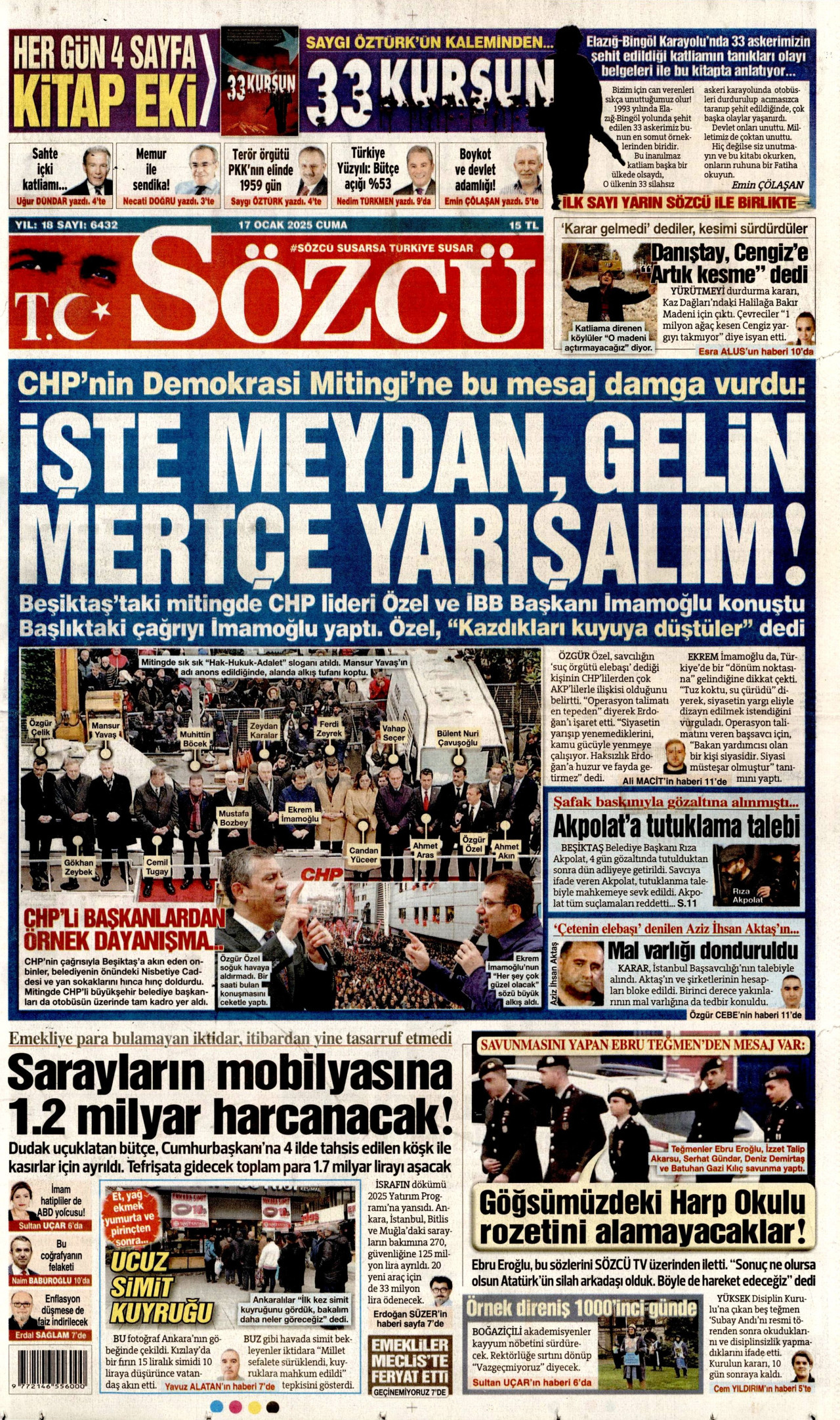 SÖZCÜ gazetesinin 17 Ocak 2025 tarihli birinci sayfası
