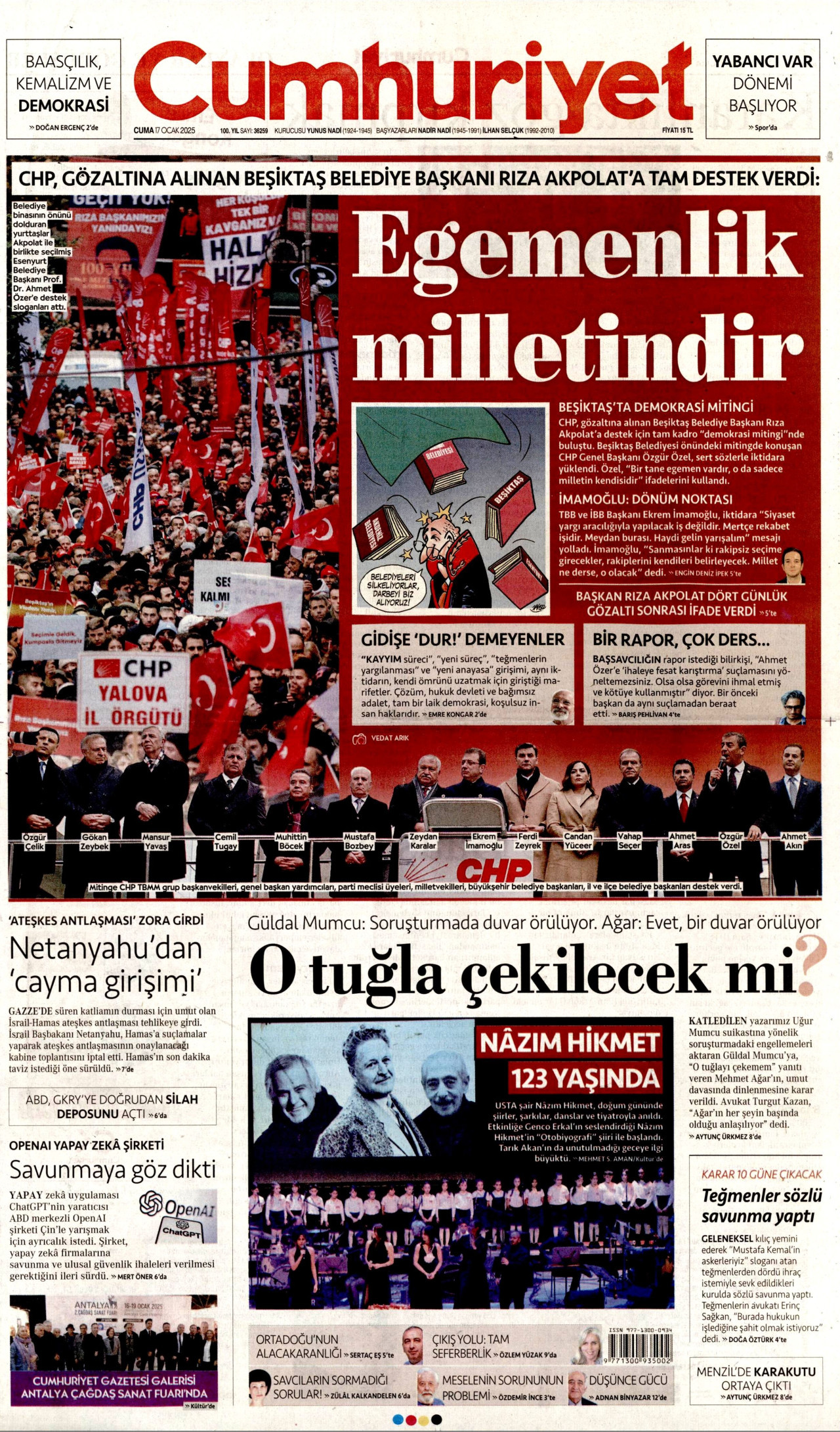 CUMHURİYET gazetesinin 17 Ocak 2025 tarihli birinci sayfası