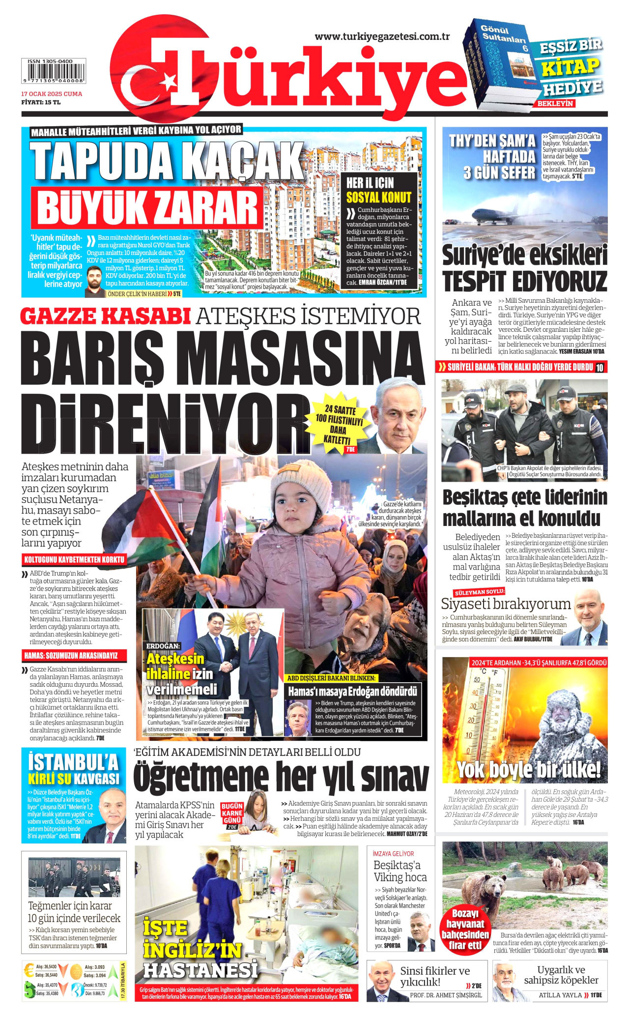 TÜRKİYE GAZETESİ gazetesinin 17 Ocak 2025 tarihli birinci sayfası