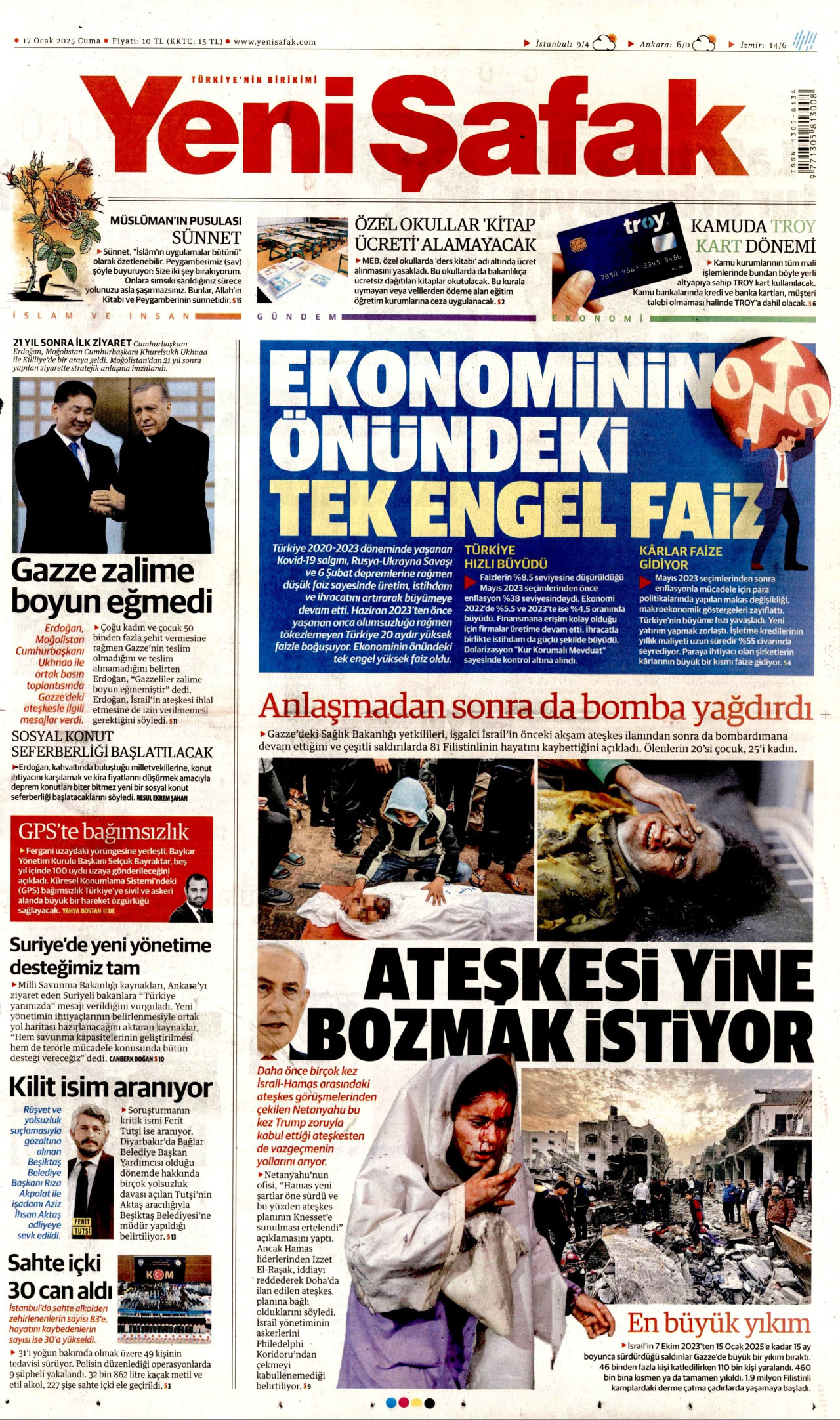 YENİ ŞAFAK gazetesinin 17 Ocak 2025 tarihli birinci sayfası