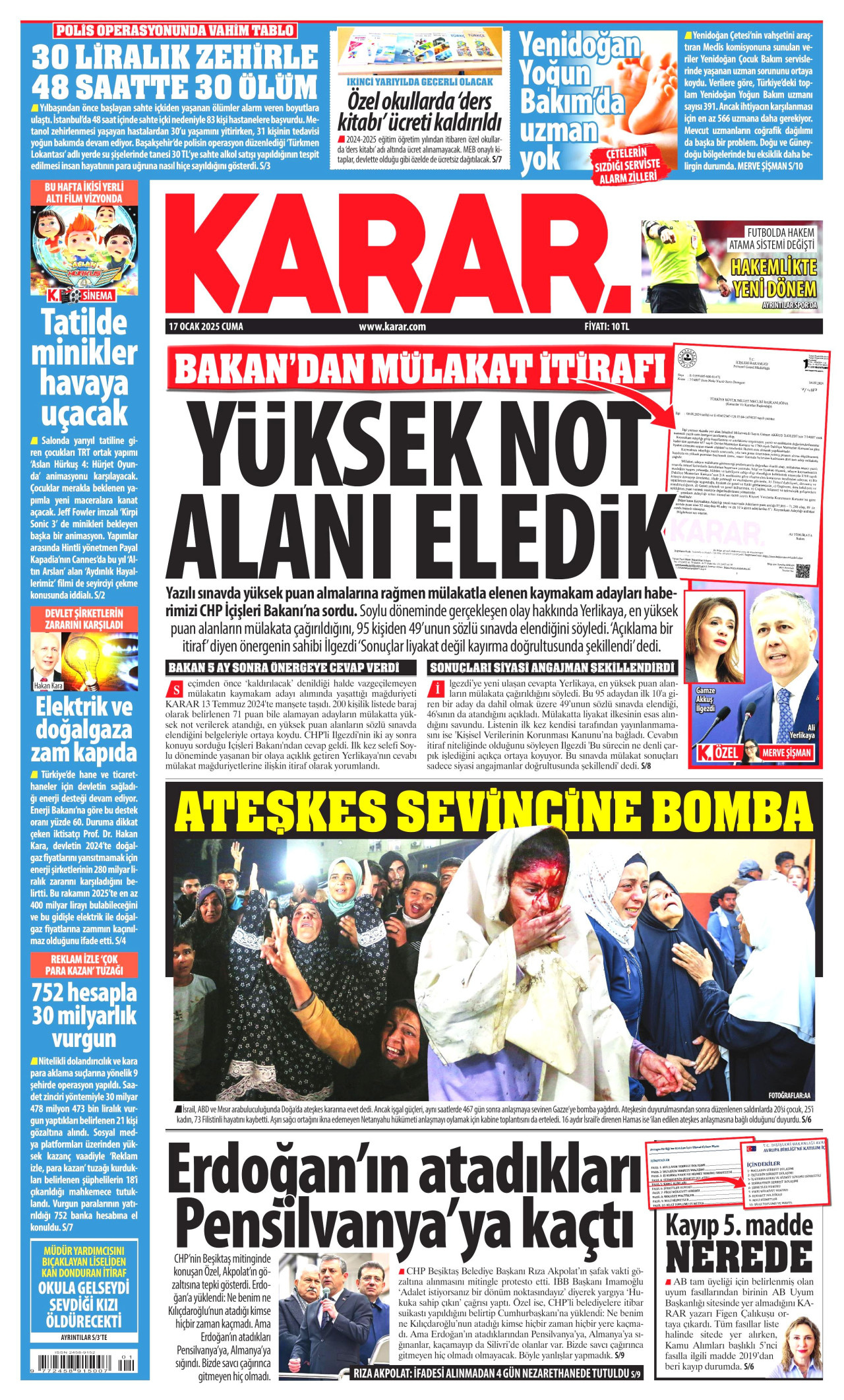 KARAR gazetesinin 17 Ocak 2025 tarihli birinci sayfası
