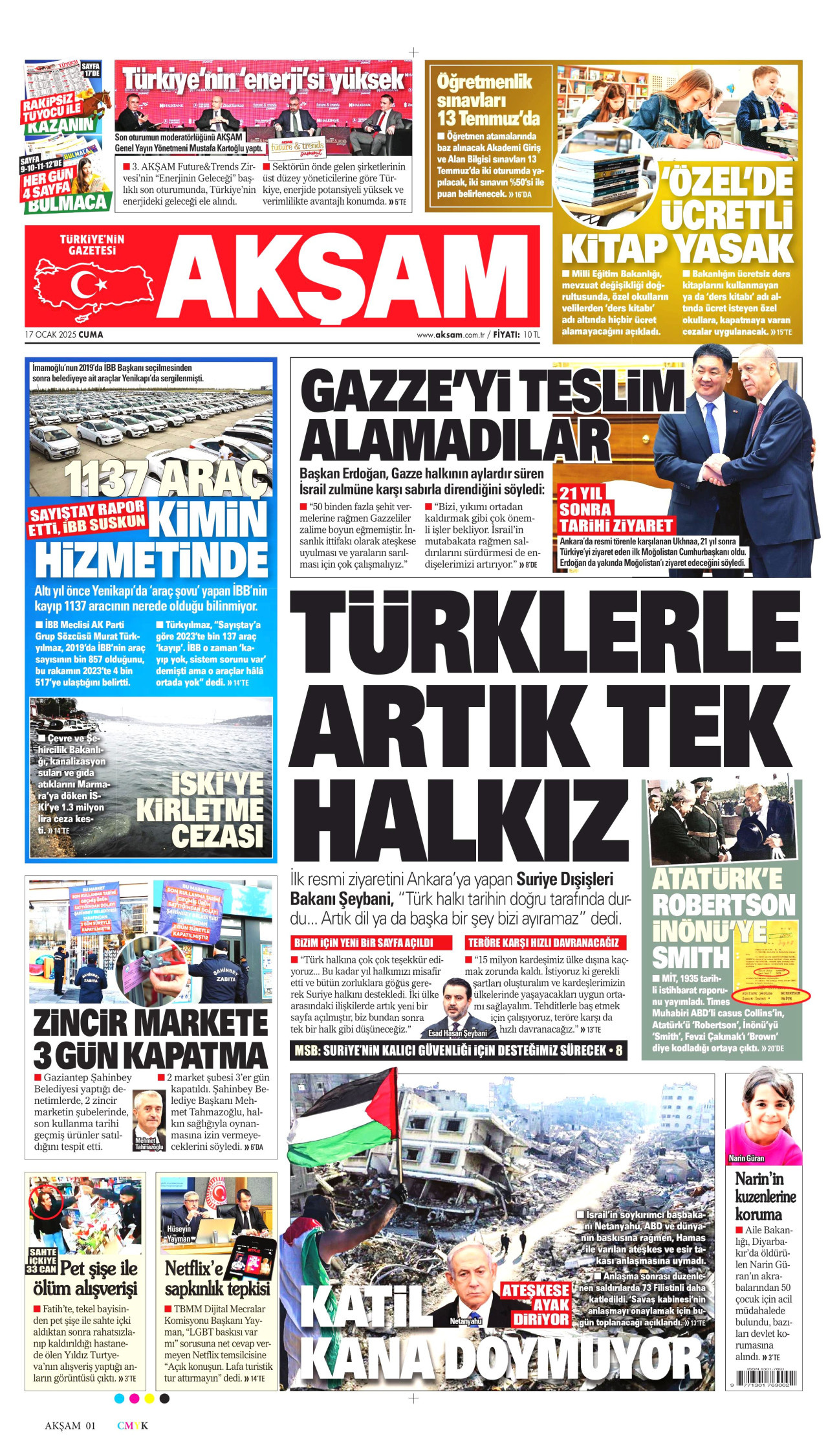 AKŞAM gazetesinin 17 Ocak 2025 tarihli birinci sayfası