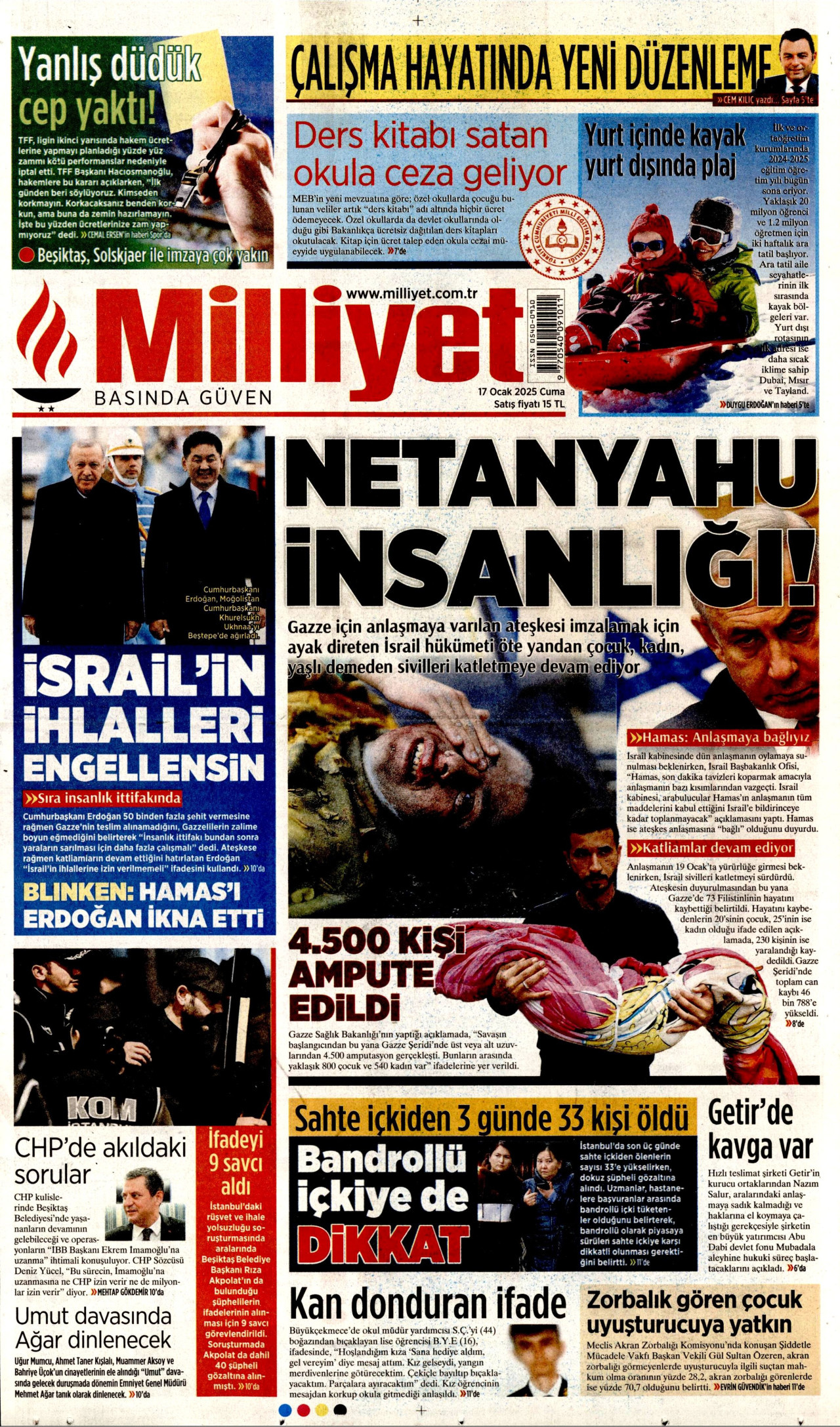 MİLLİYET gazetesinin 17 Ocak 2025 tarihli birinci sayfası