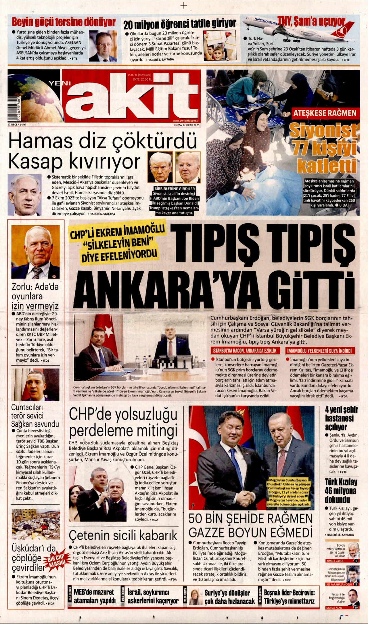YENİ AKİT gazetesinin 17 Ocak 2025 tarihli birinci sayfası