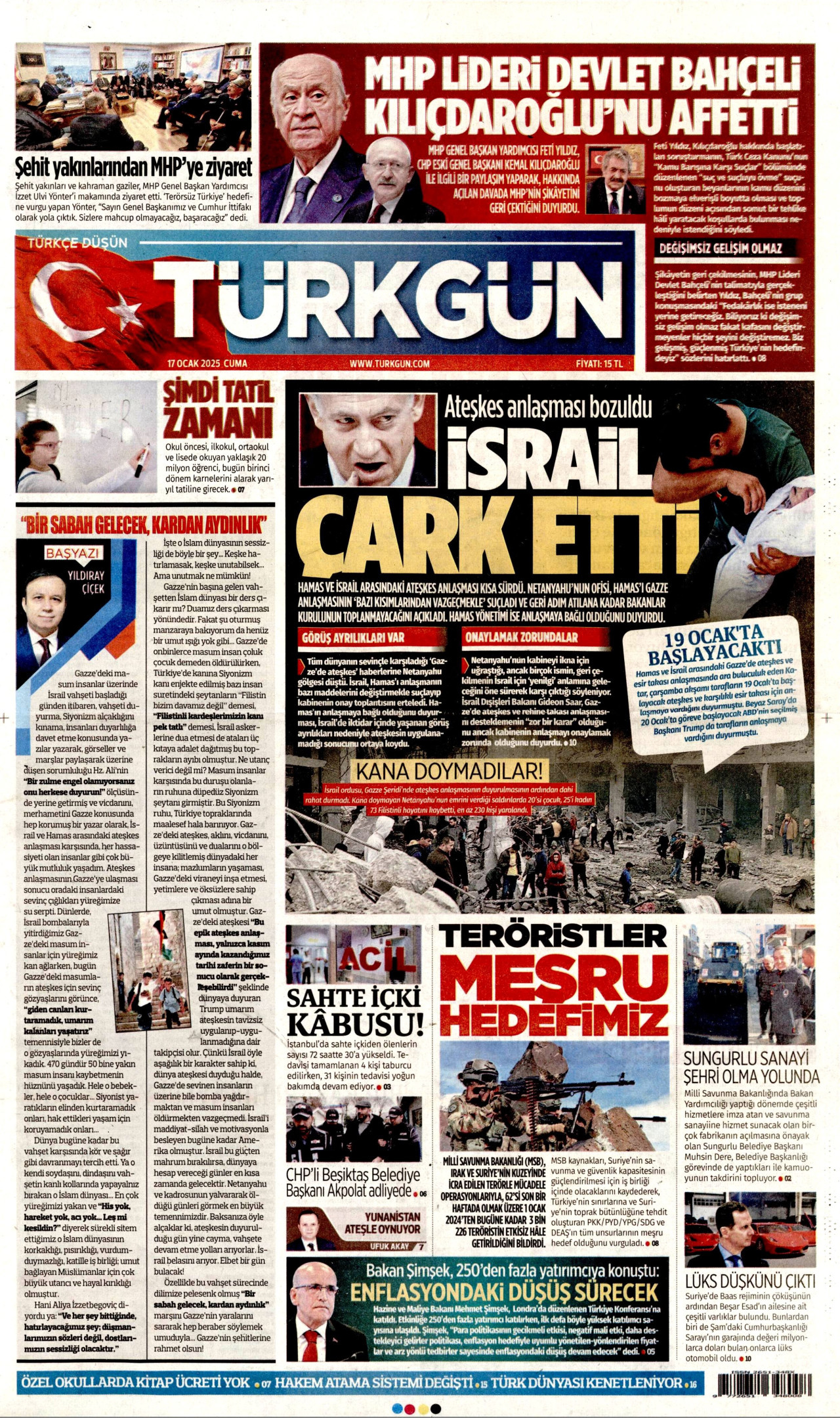 TÜRKGÜN gazetesinin 17 Ocak 2025 tarihli birinci sayfası