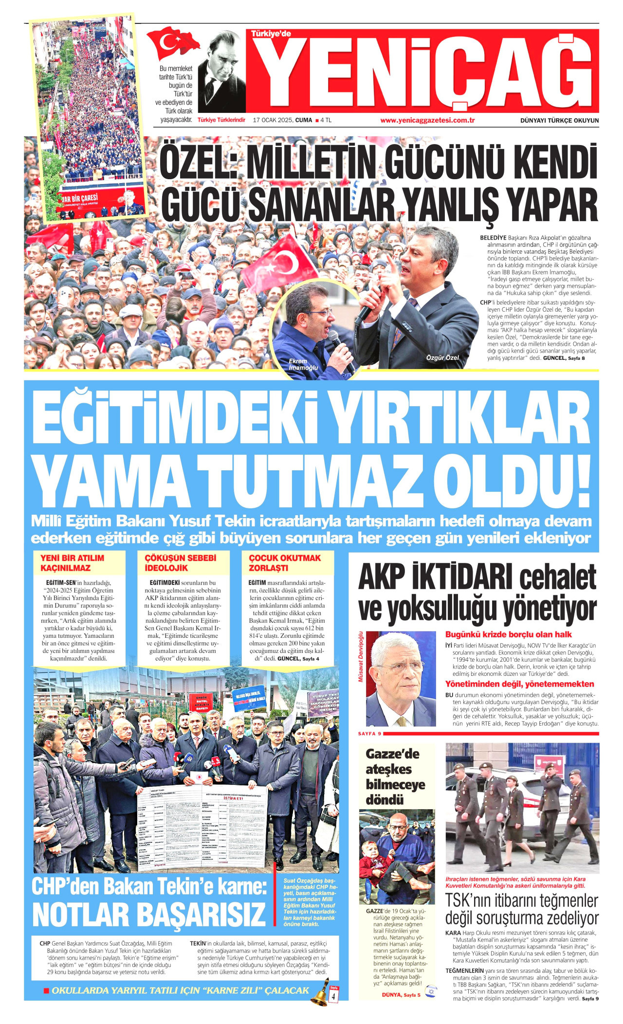 YENİÇAĞ gazetesinin 17 Ocak 2025 tarihli birinci sayfası