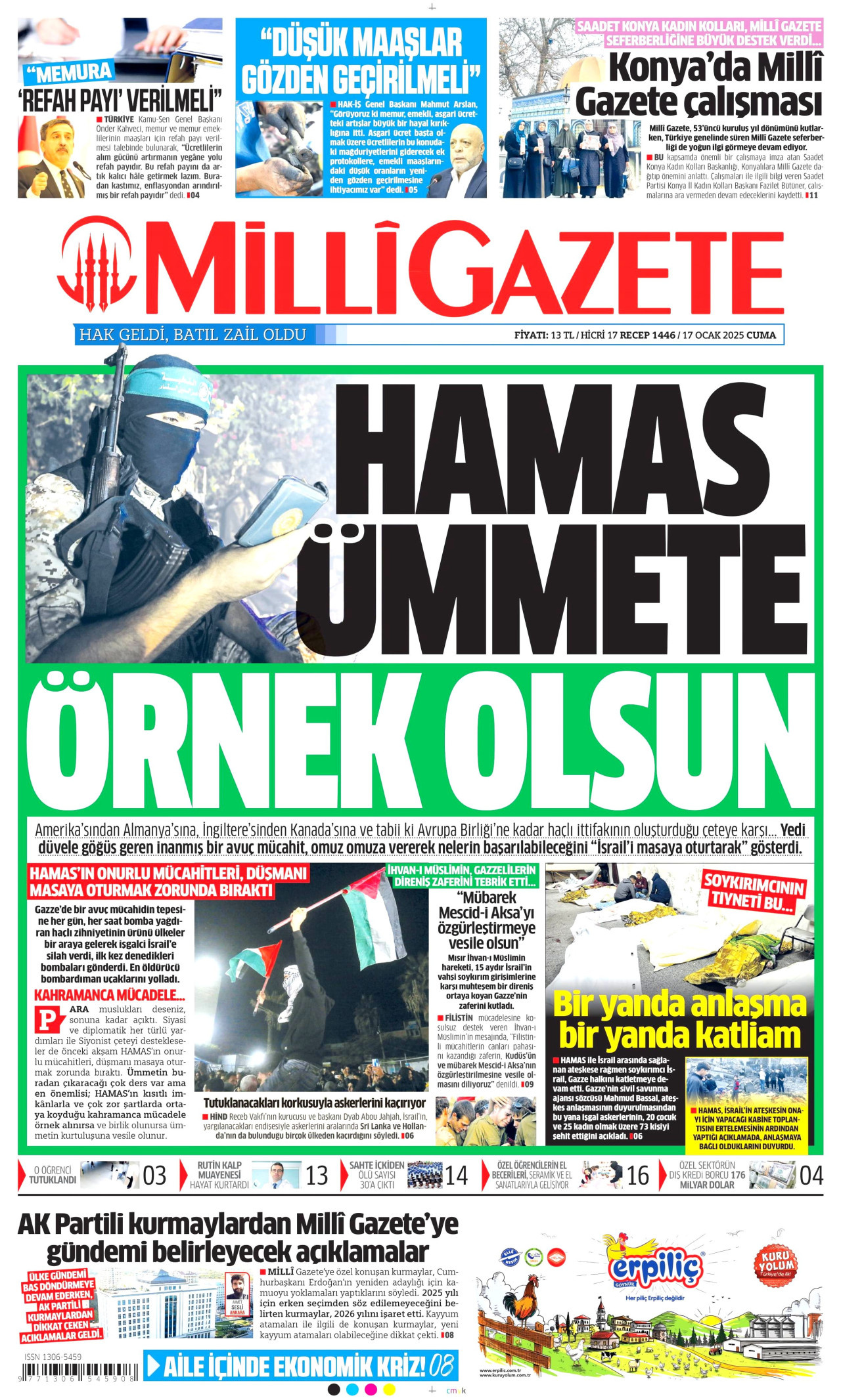 MİLLİ GAZETE gazetesinin 17 Ocak 2025 tarihli birinci sayfası