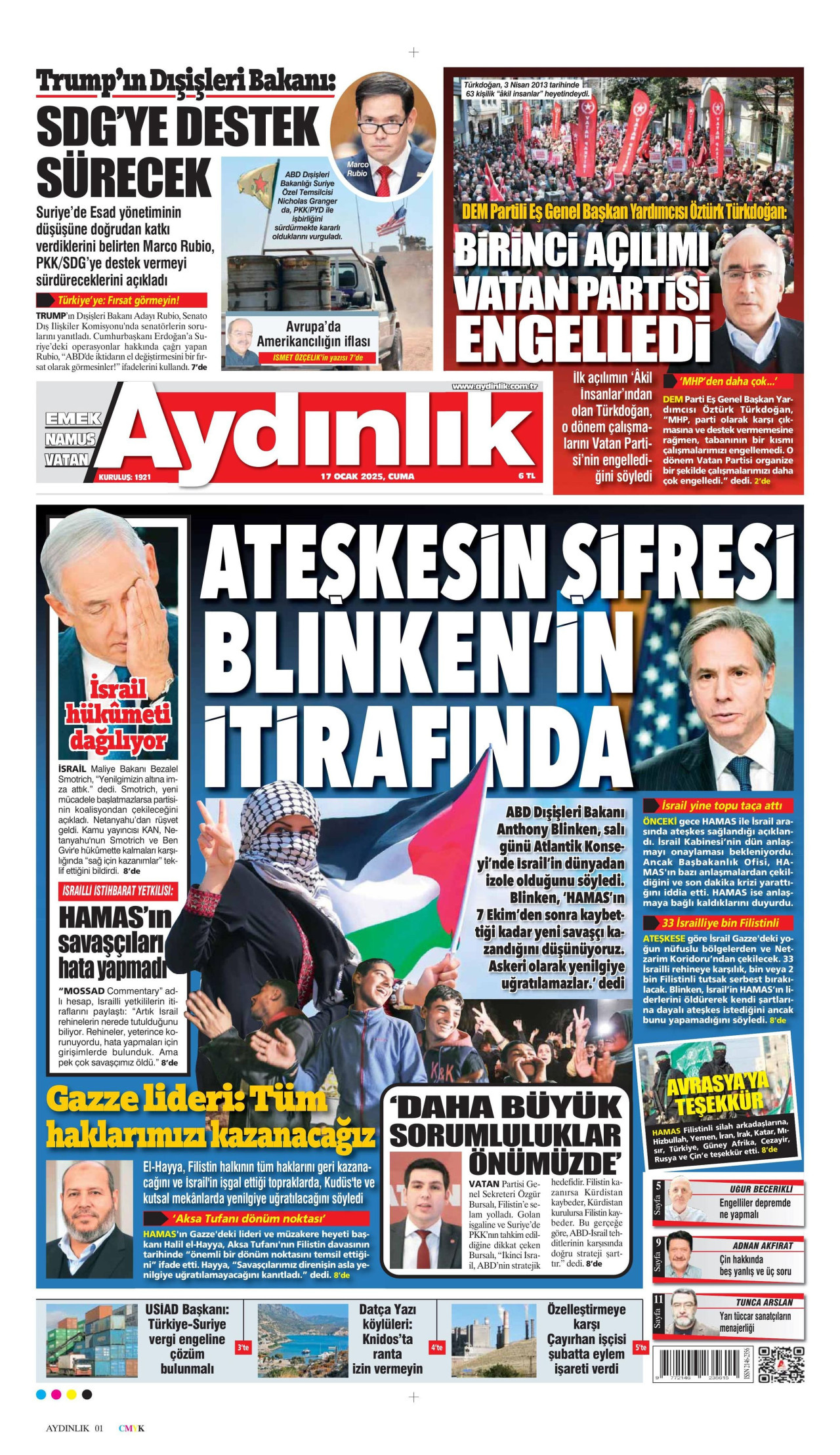 AYDINLIK GAZETESİ gazetesinin 17 Ocak 2025 tarihli birinci sayfası