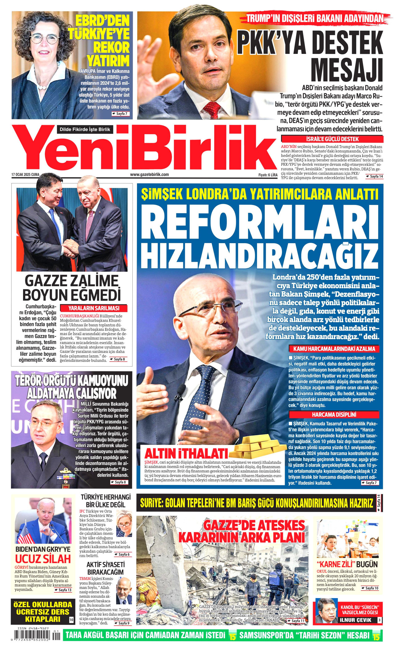 YENİBİRLİK gazetesinin 17 Ocak 2025 tarihli birinci sayfası