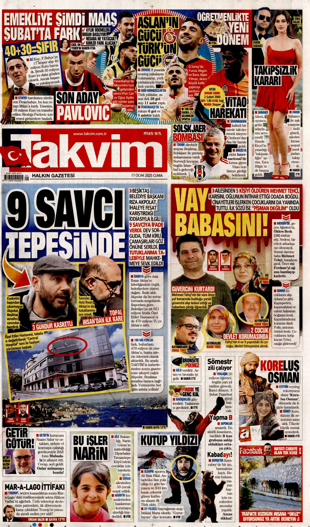 TAKVİM gazetesinin 17 Ocak 2025 tarihli birinci sayfası