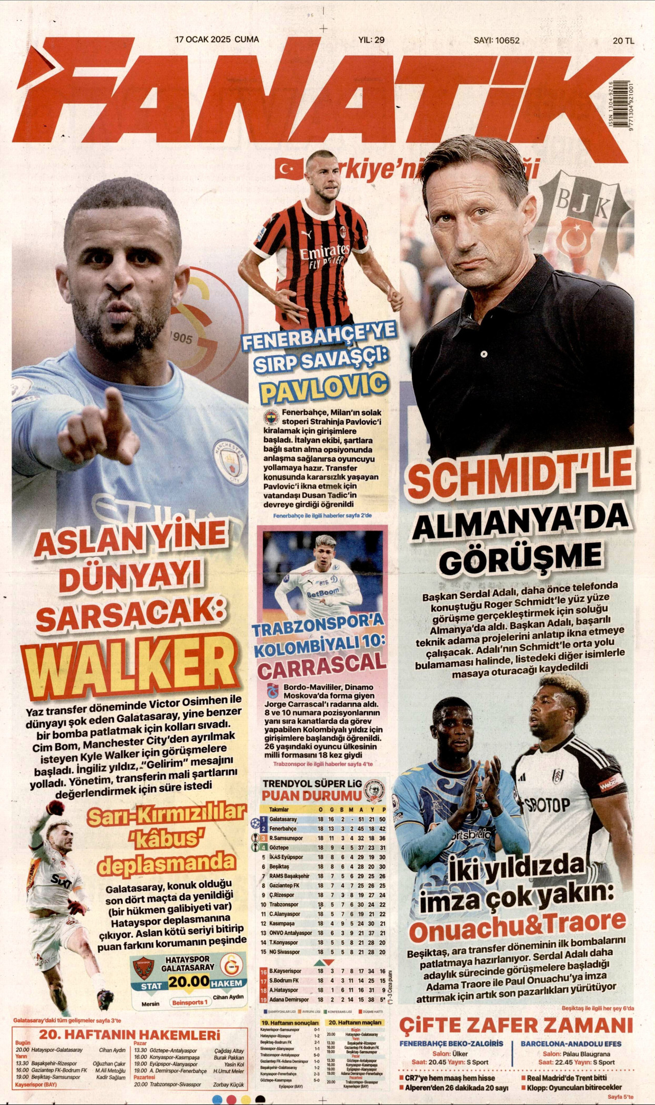 FANATİK gazetesinin 17 Ocak 2025 tarihli birinci sayfası