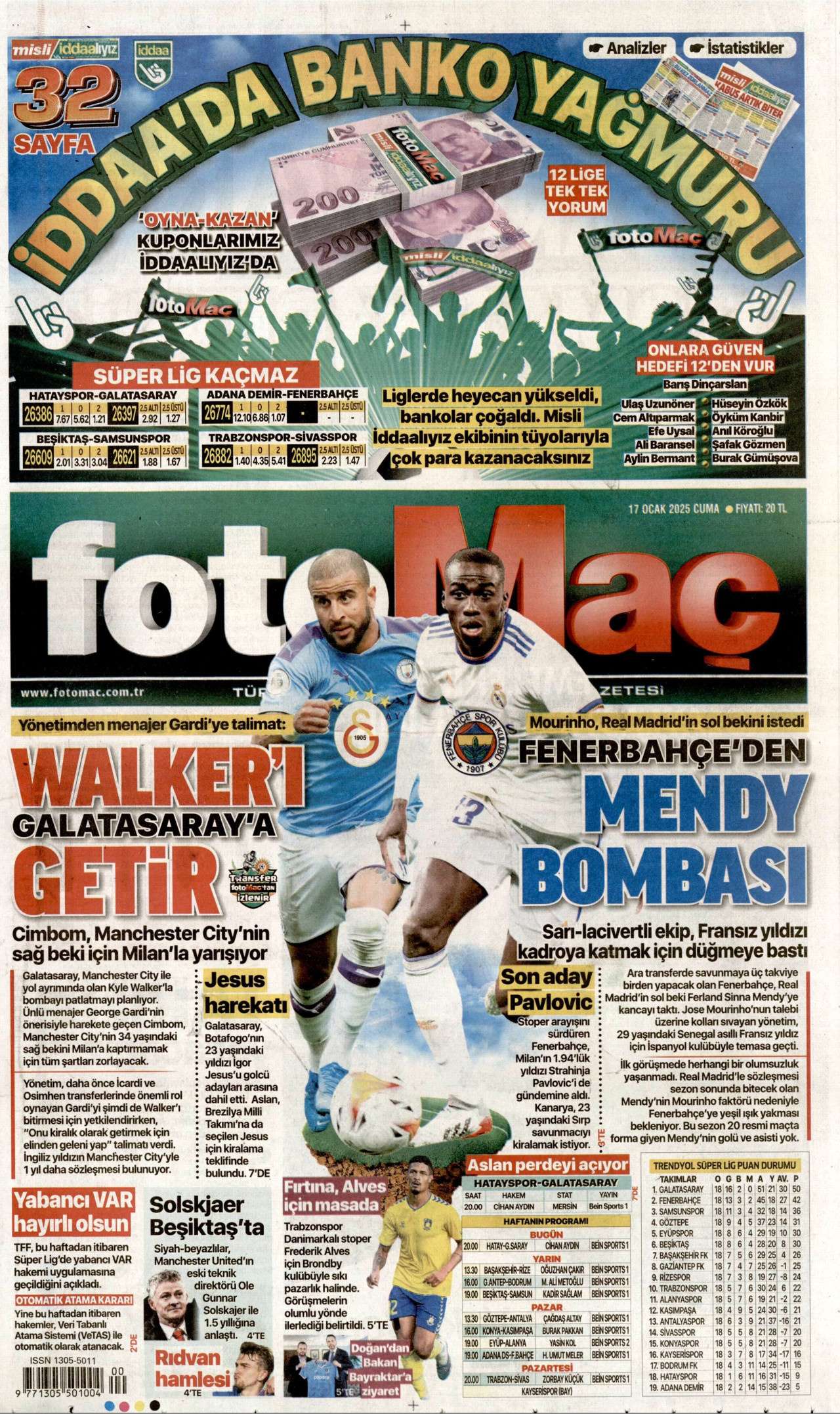 FOTOMAÇ gazetesinin 17 Ocak 2025 tarihli birinci sayfası