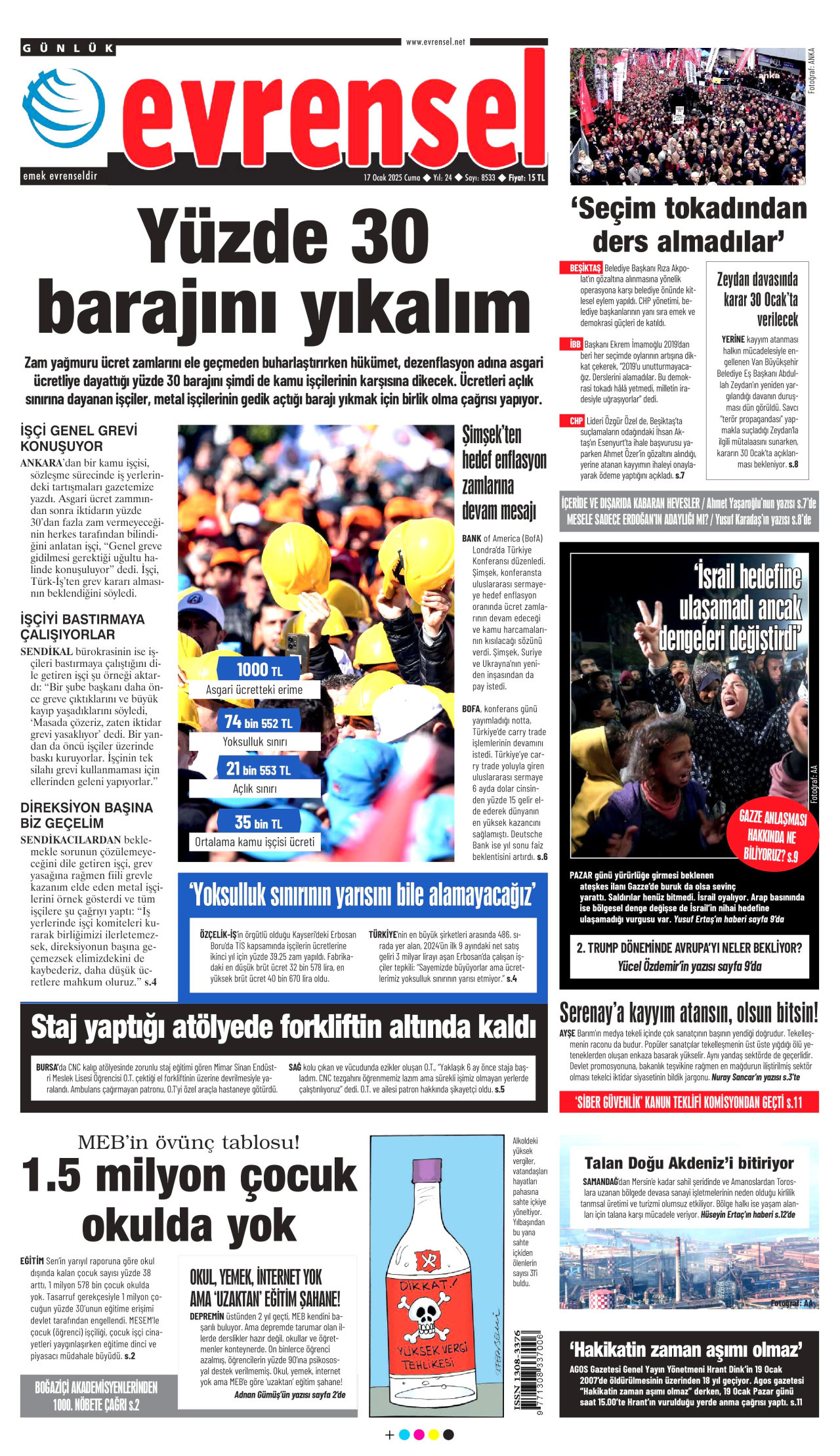 EVRENSEL gazetesinin 17 Ocak 2025 tarihli birinci sayfası