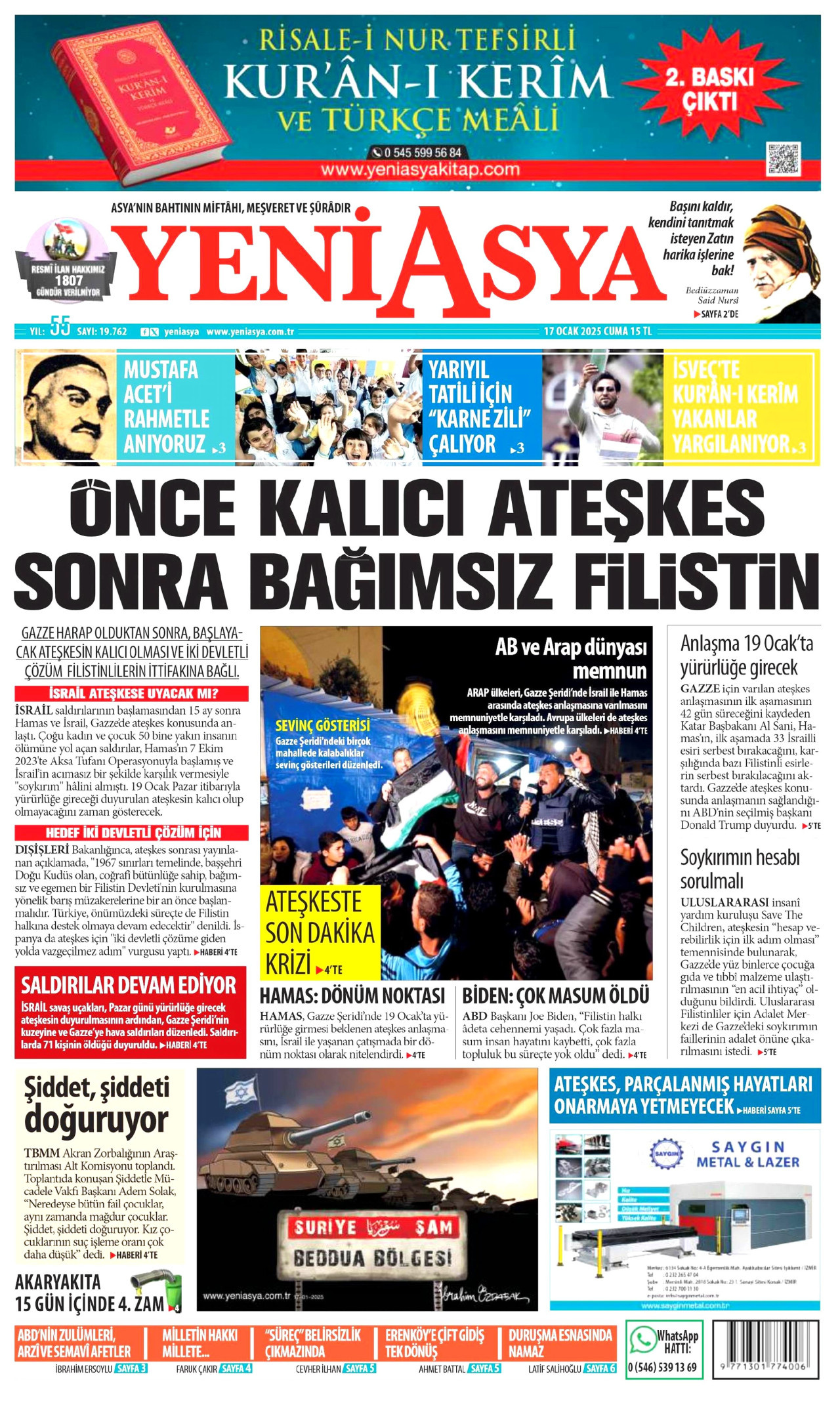 YENİ ASYA gazetesinin 17 Ocak 2025 tarihli birinci sayfası