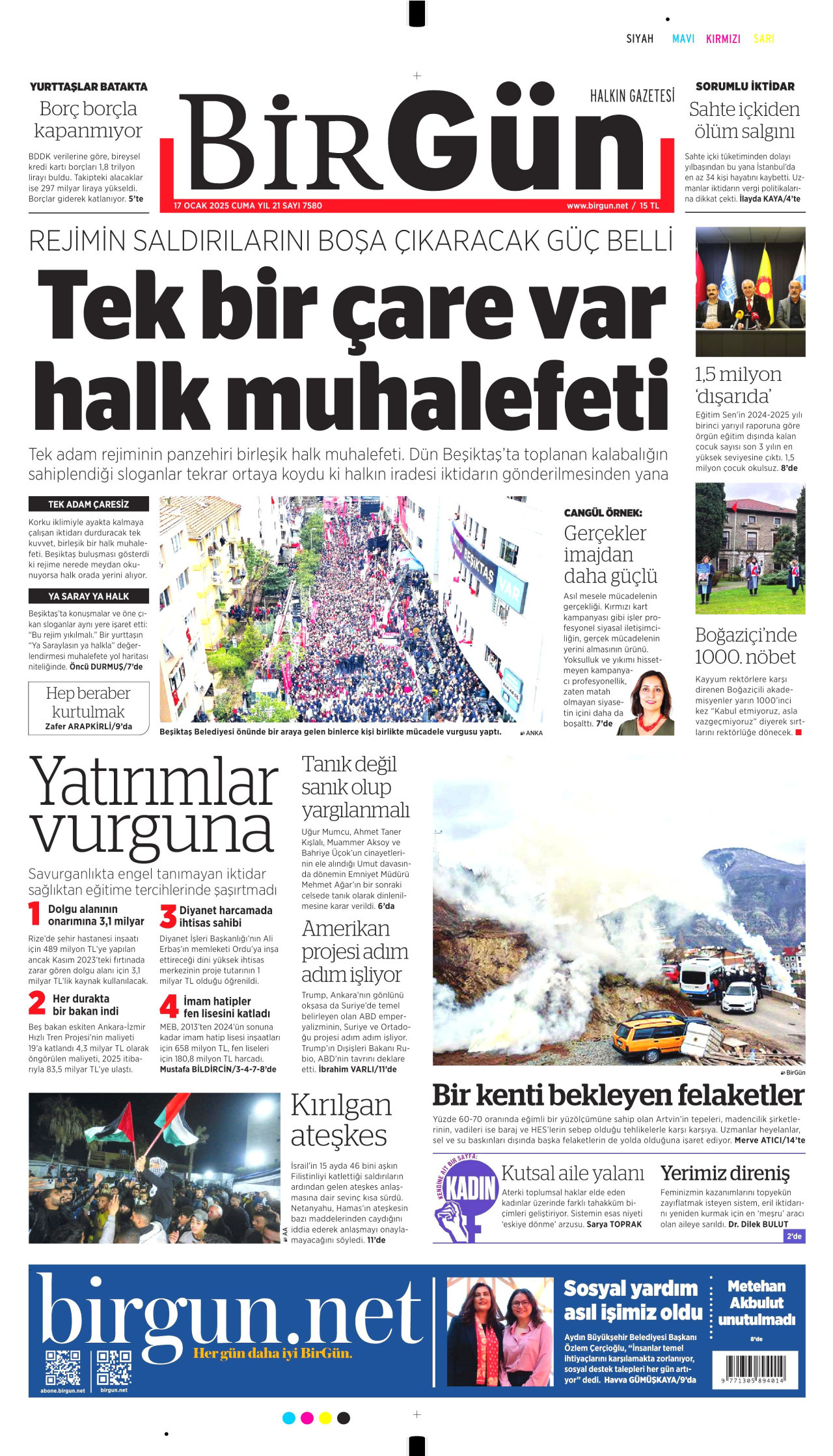 BİRGÜN gazetesinin 17 Ocak 2025 tarihli birinci sayfası
