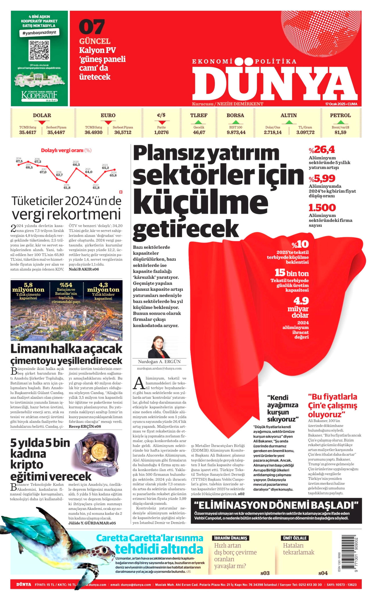 DÜNYA gazetesinin 17 Ocak 2025 tarihli birinci sayfası
