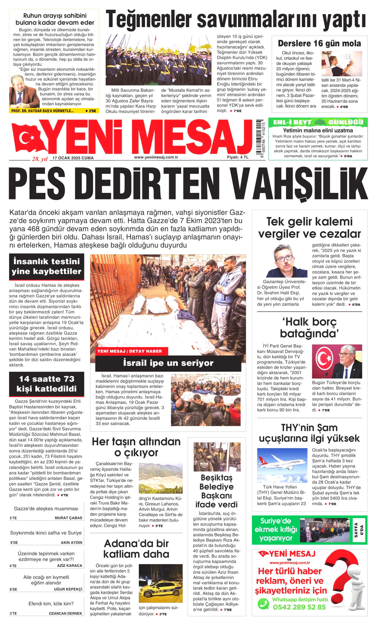 YENİ MESAJ gazetesinin 17 Ocak 2025 tarihli birinci sayfası