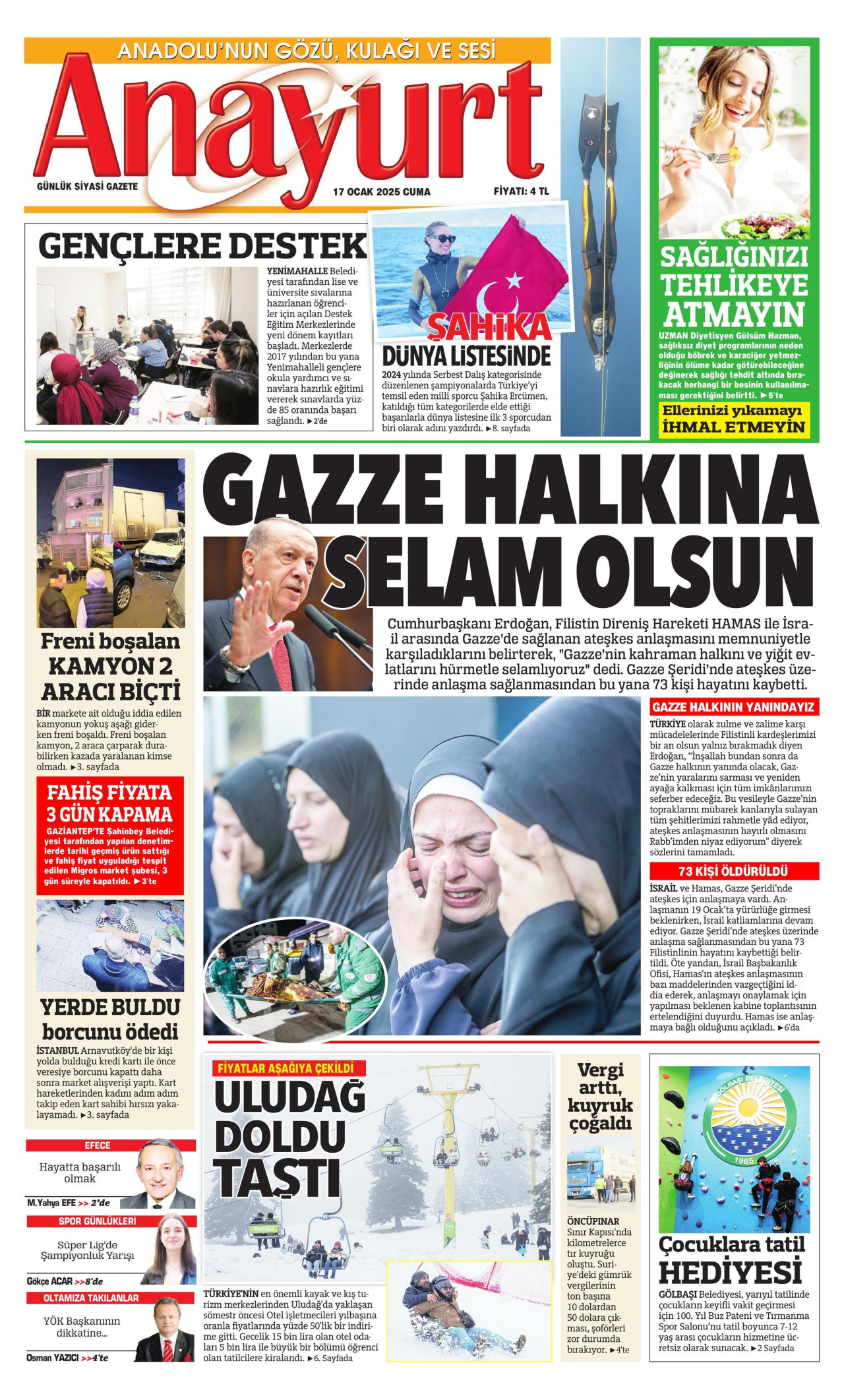 ANAYURT gazetesinin 17 Ocak 2025 tarihli birinci sayfası