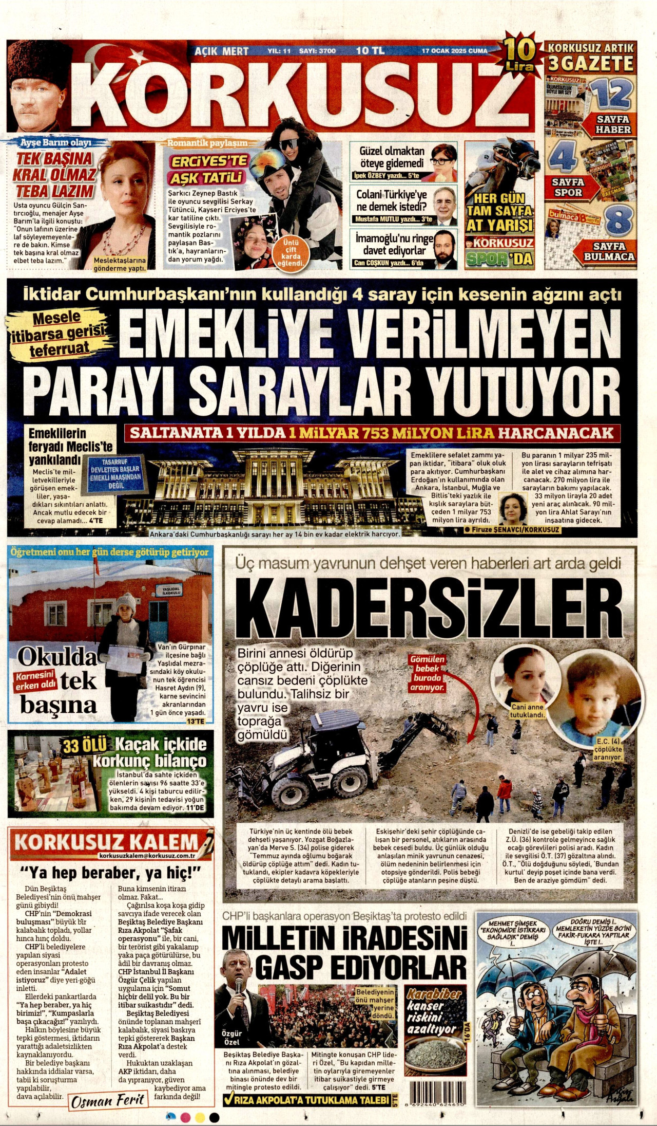KORKUSUZ gazetesinin 17 Ocak 2025 tarihli birinci sayfası