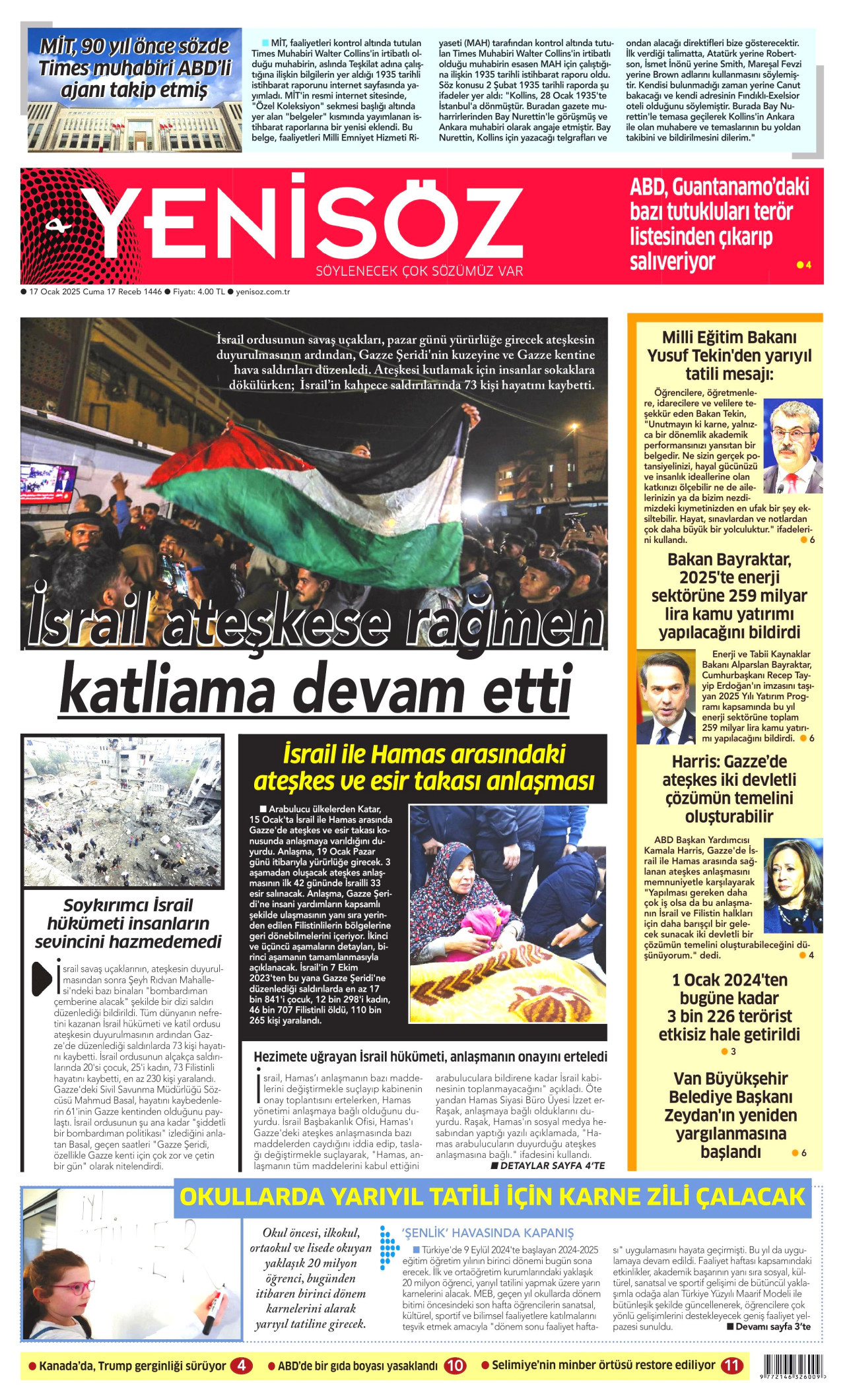 YENİ SÖZ GAZETESİ gazetesinin 17 Ocak 2025 tarihli birinci sayfası