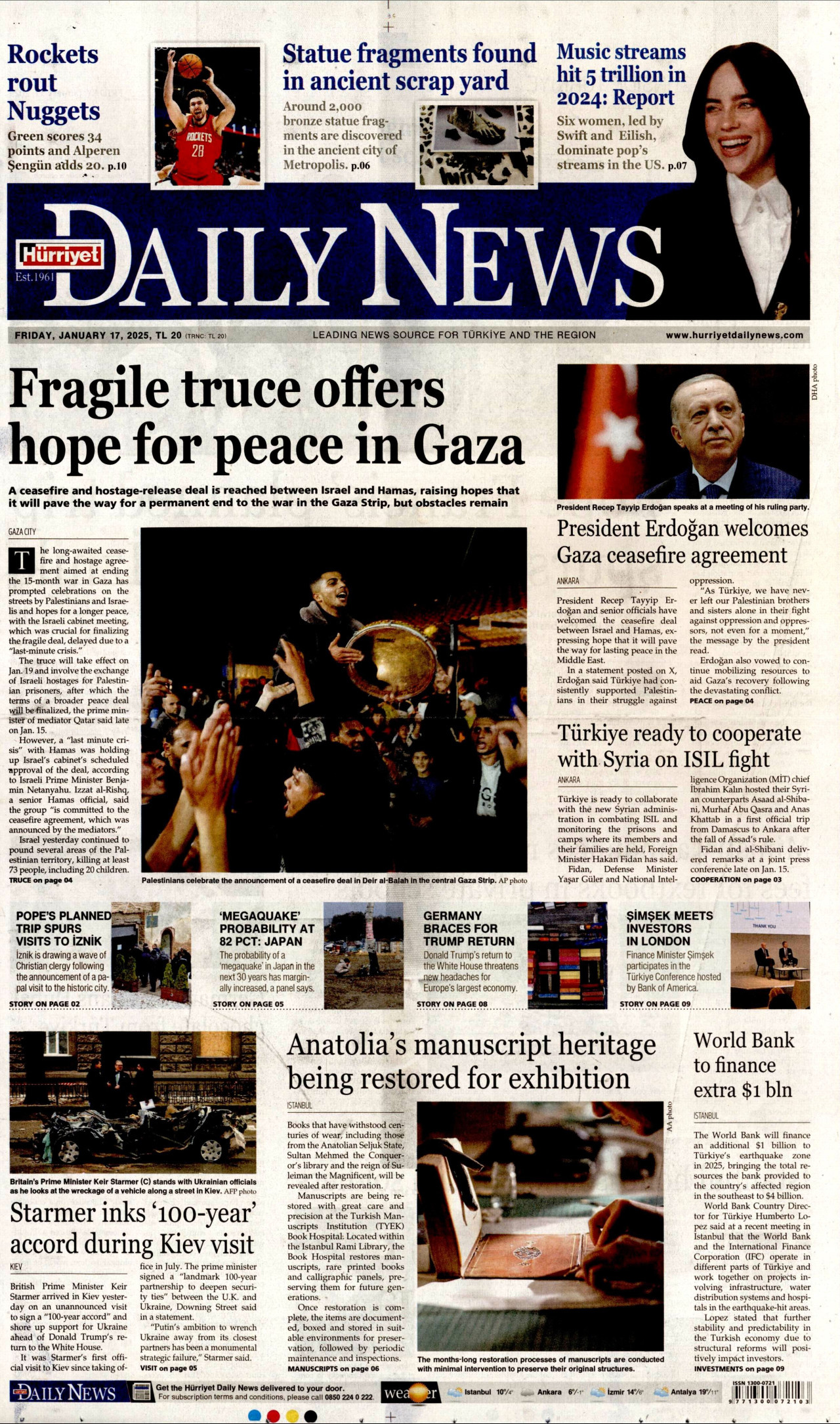 HÜRRİYET DAİLY NEWS gazetesinin 17 Ocak 2025 tarihli birinci sayfası