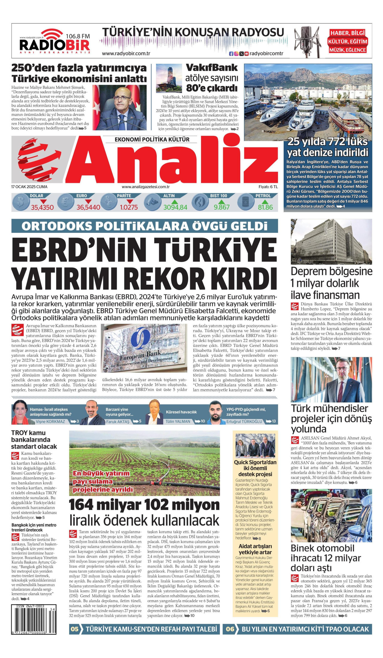ANALİZ gazetesinin 17 Ocak 2025 tarihli birinci sayfası