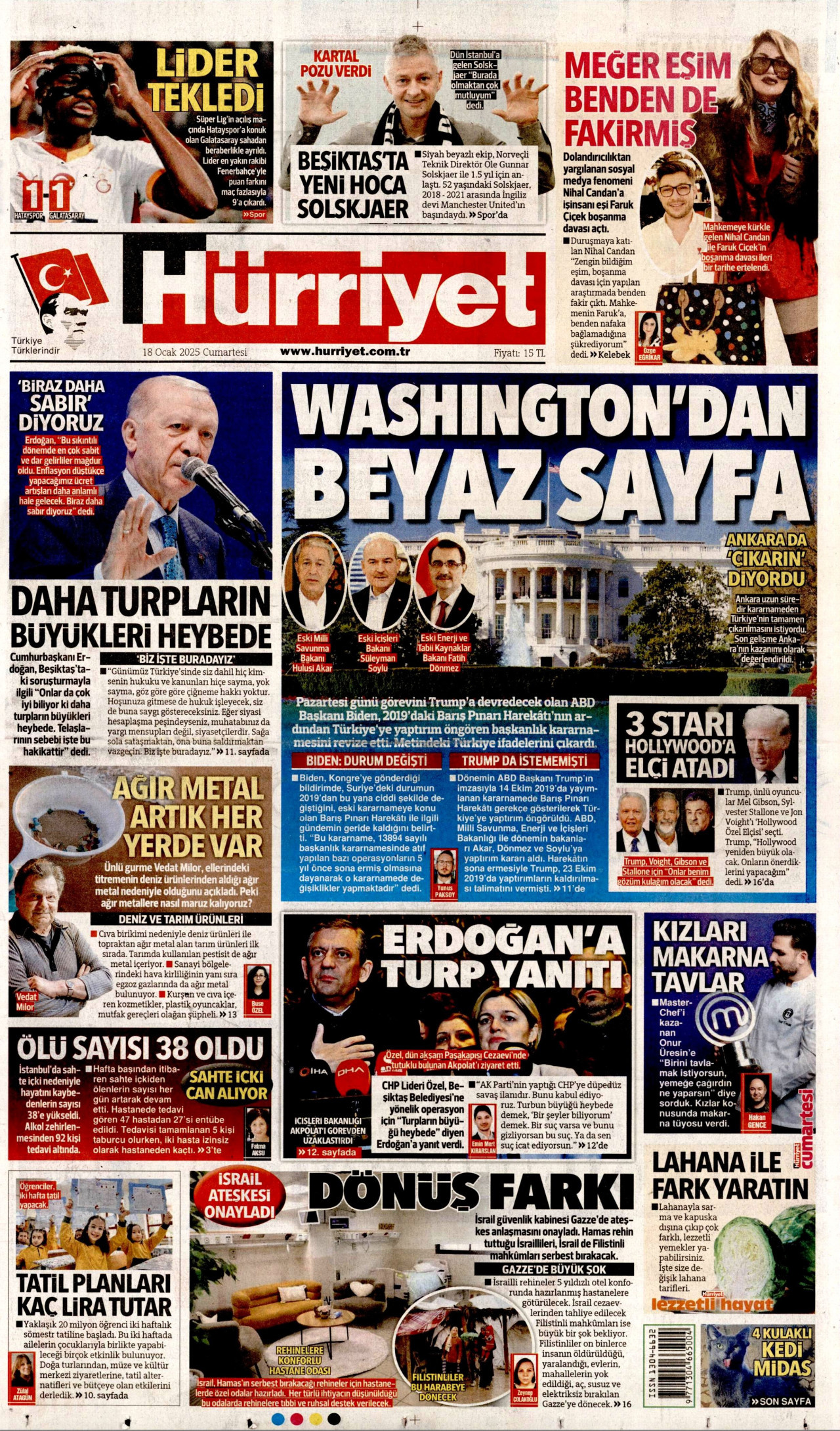 HÜRRİYET gazetesinin 18 Ocak 2025 tarihli birinci sayfası