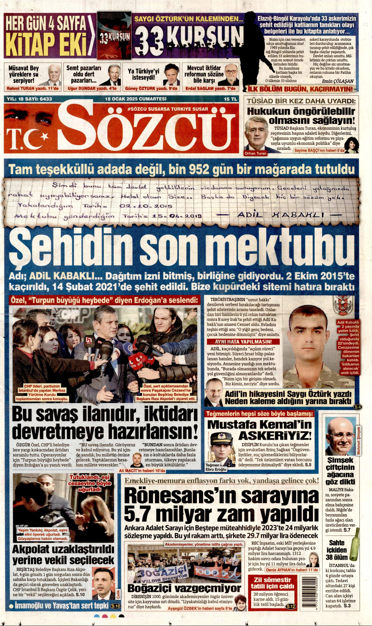 SÖZCÜ gazetesinin 18 Ocak 2025 tarihli birinci sayfası