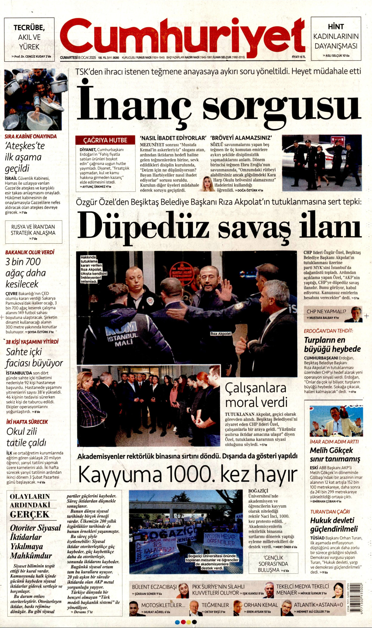 CUMHURİYET gazetesinin 18 Ocak 2025 tarihli birinci sayfası