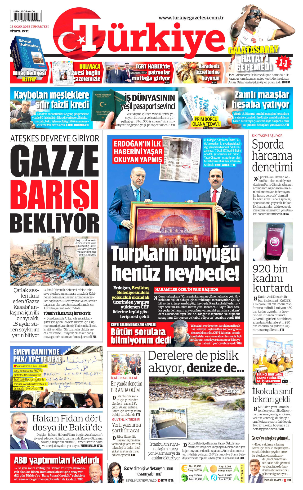 TÜRKİYE GAZETESİ gazetesinin 18 Ocak 2025 tarihli birinci sayfası