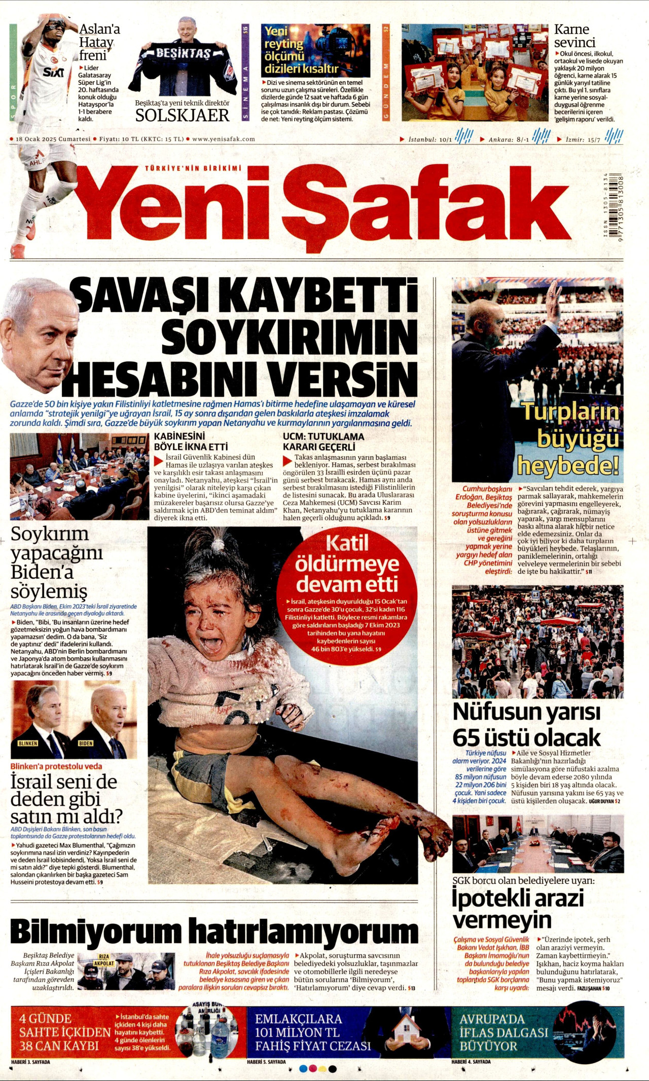 YENİ ŞAFAK gazetesinin 18 Ocak 2025 tarihli birinci sayfası