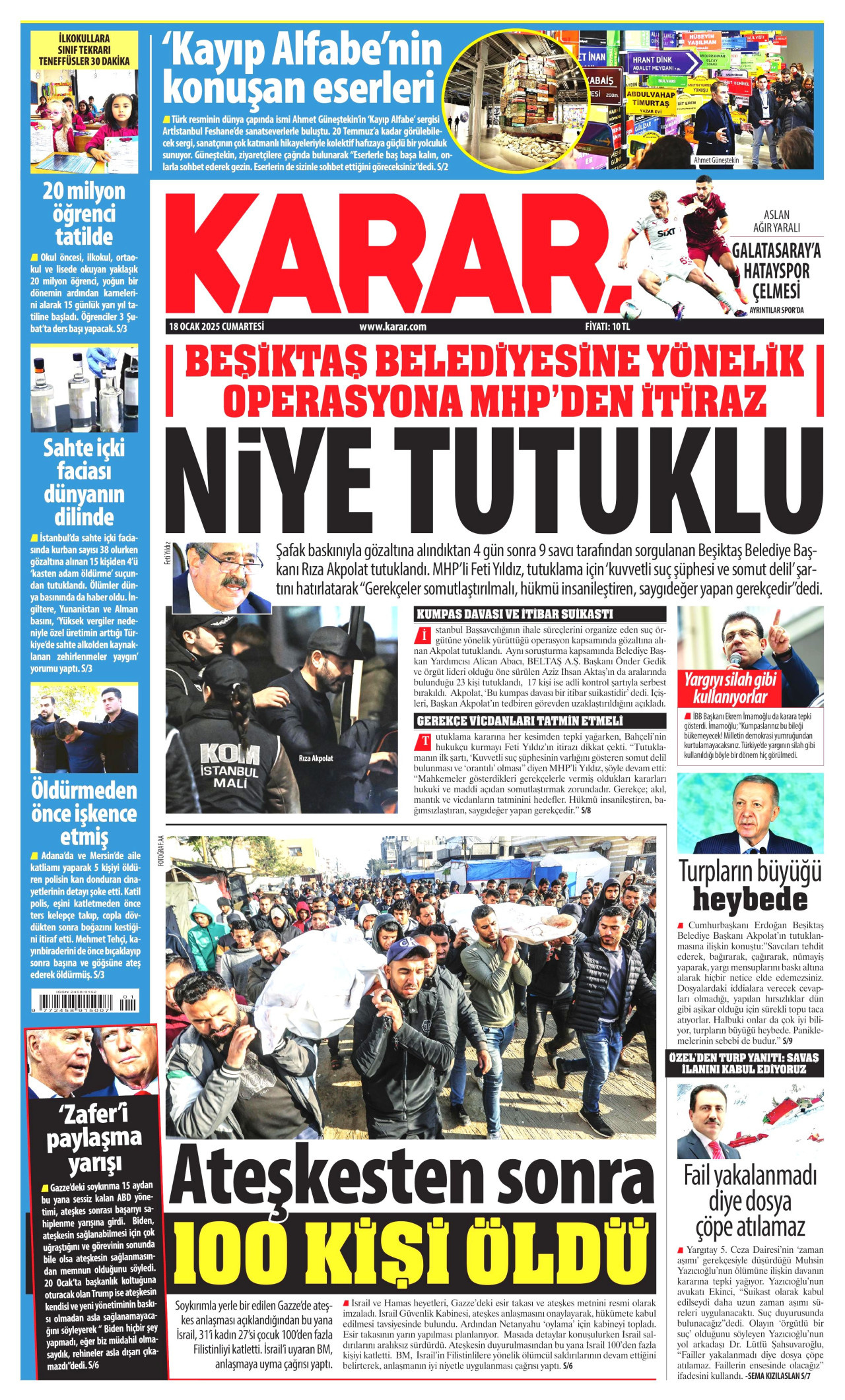 KARAR gazetesinin 18 Ocak 2025 tarihli birinci sayfası