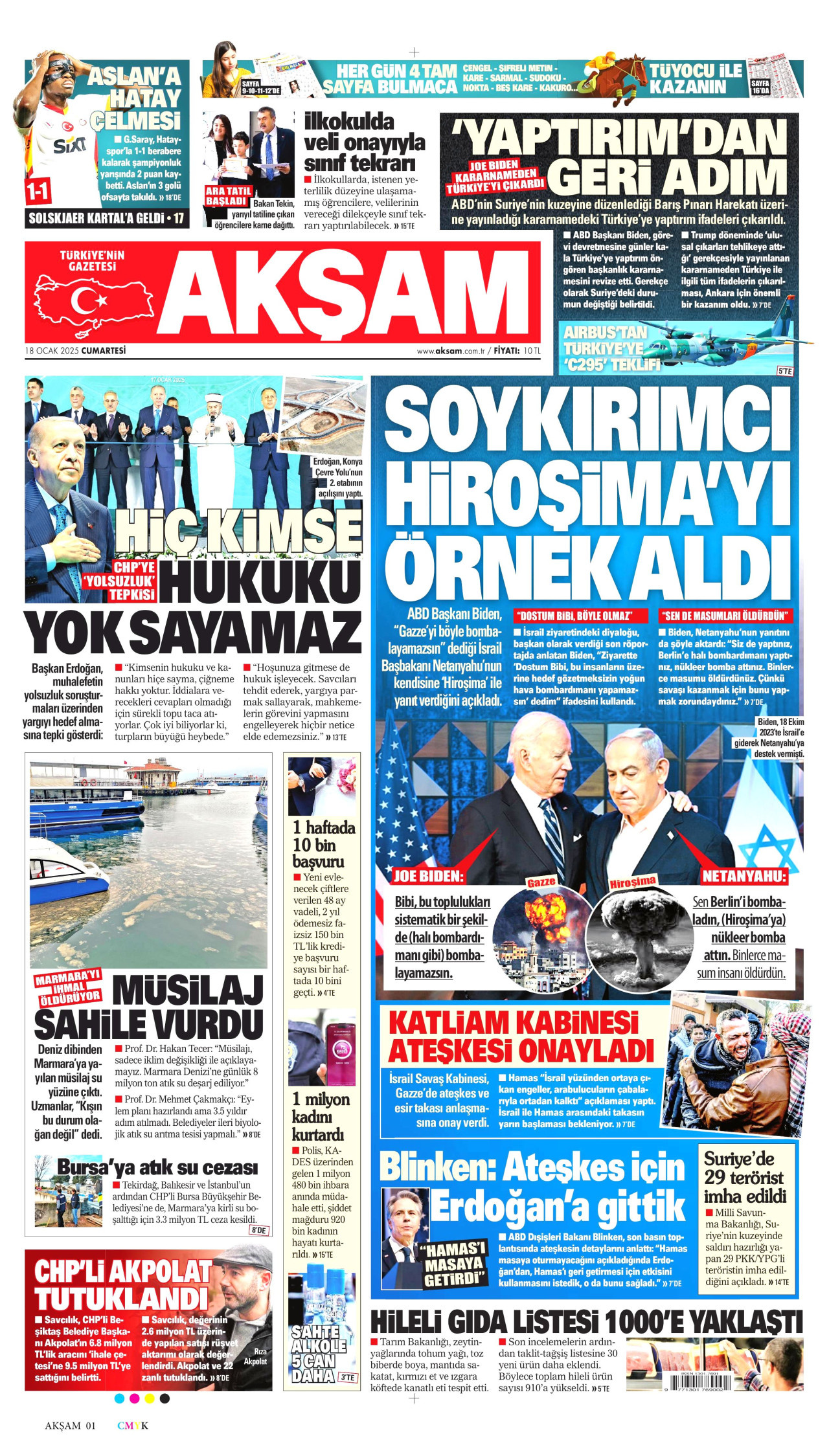 AKŞAM gazetesinin 18 Ocak 2025 tarihli birinci sayfası