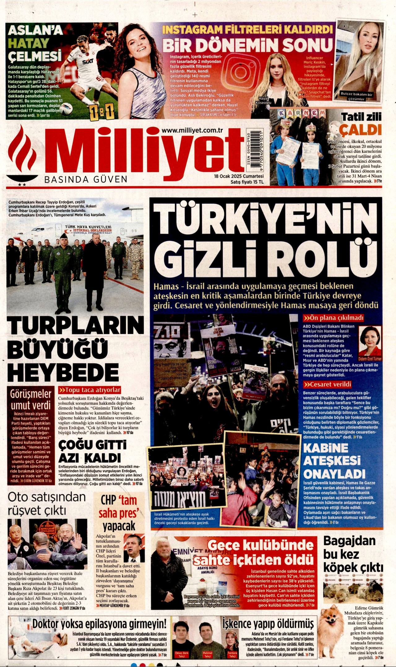 MİLLİYET gazetesinin 18 Ocak 2025 tarihli birinci sayfası