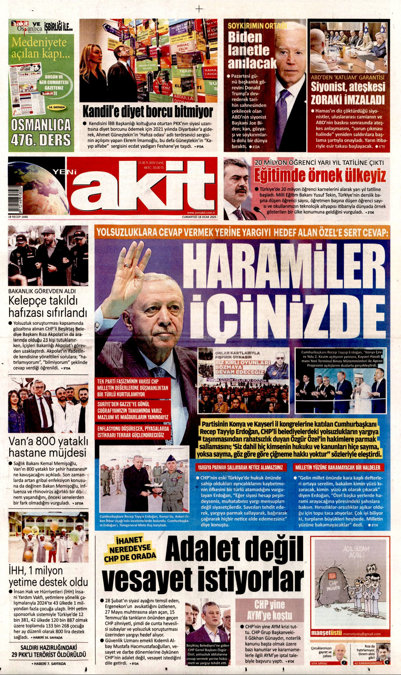 YENİ AKİT gazetesinin 18 Ocak 2025 tarihli birinci sayfası