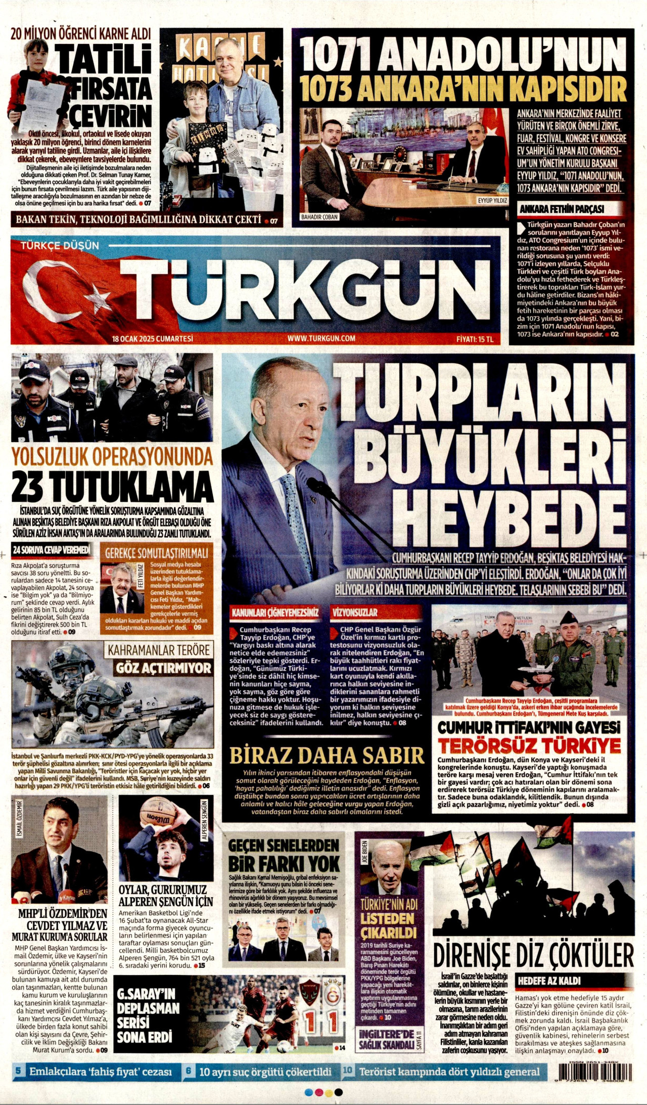 TÜRKGÜN gazetesinin 18 Ocak 2025 tarihli birinci sayfası