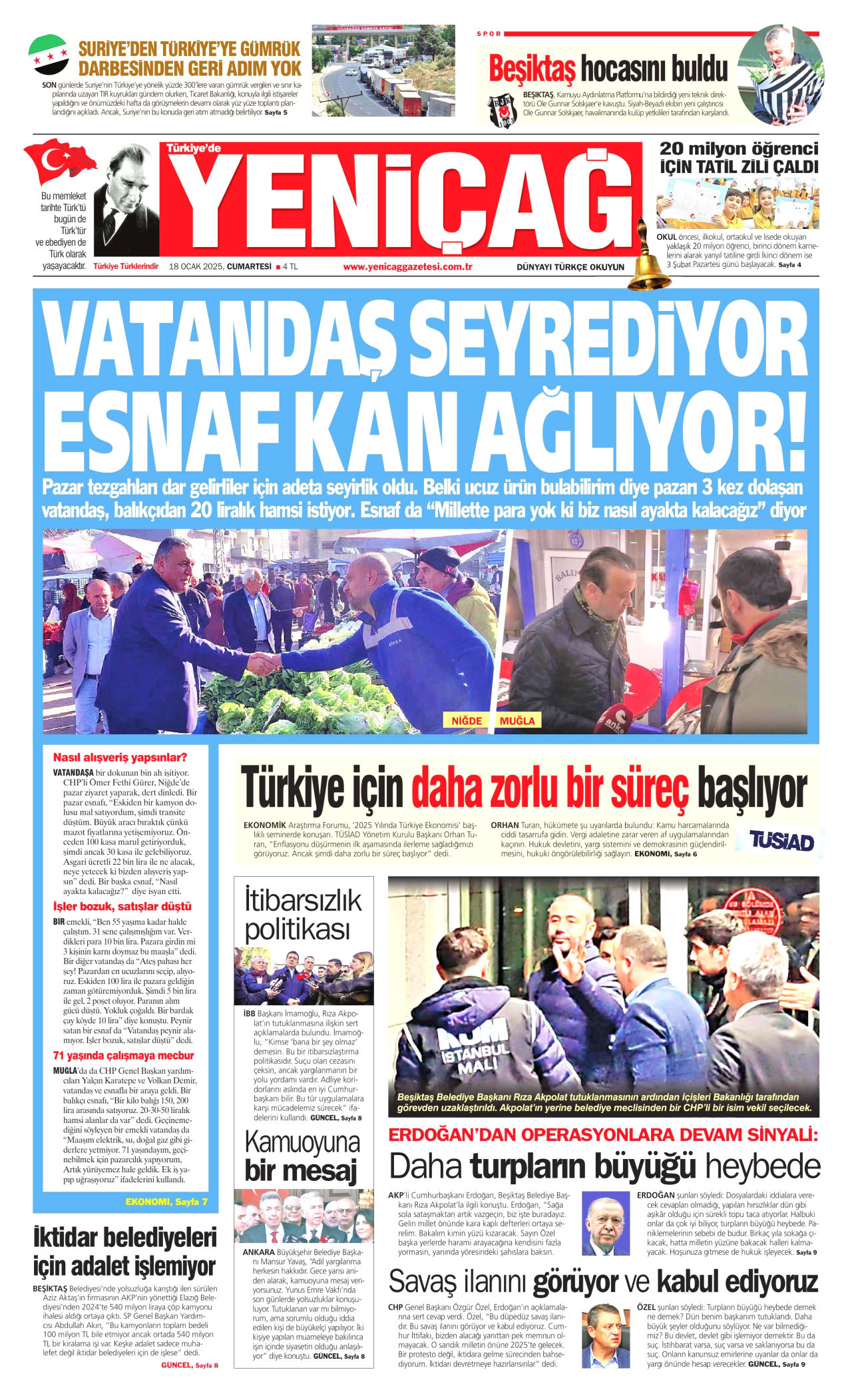 YENİÇAĞ gazetesinin 18 Ocak 2025 tarihli birinci sayfası