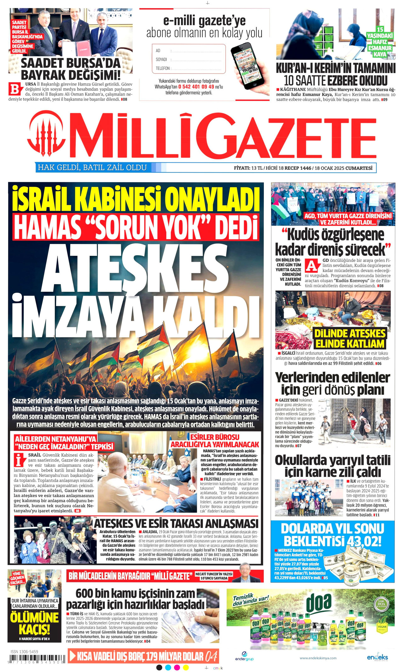 MİLLİ GAZETE gazetesinin 18 Ocak 2025 tarihli birinci sayfası