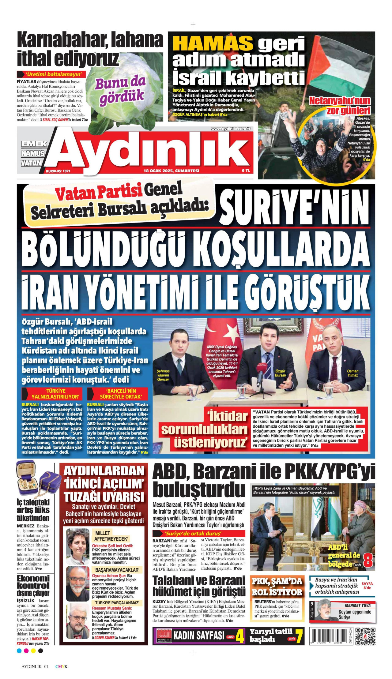 AYDINLIK GAZETESİ gazetesinin 18 Ocak 2025 tarihli birinci sayfası