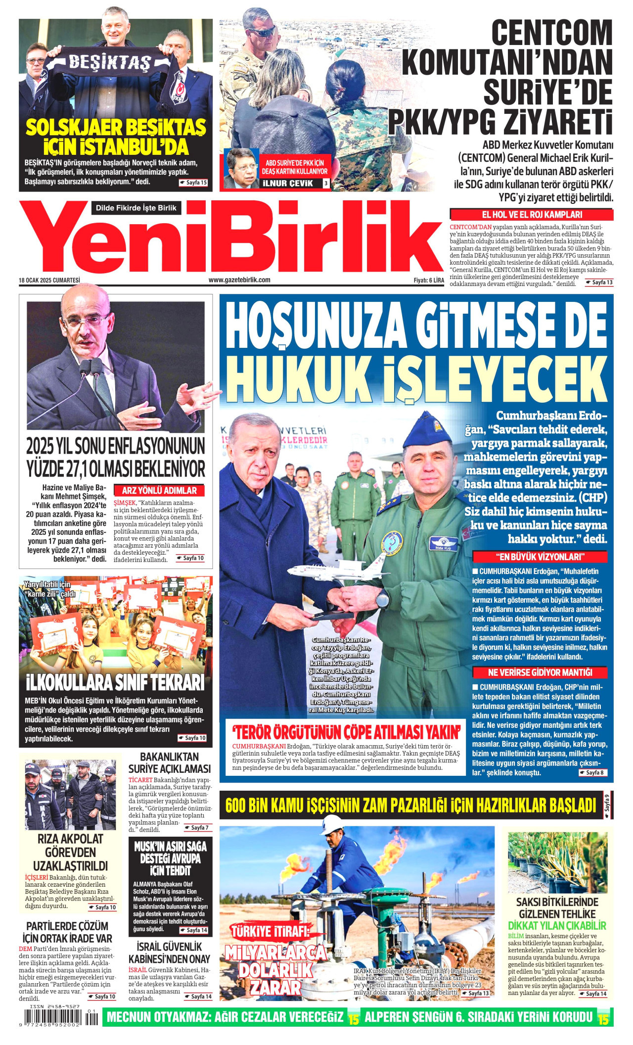 YENİBİRLİK gazetesinin 18 Ocak 2025 tarihli birinci sayfası