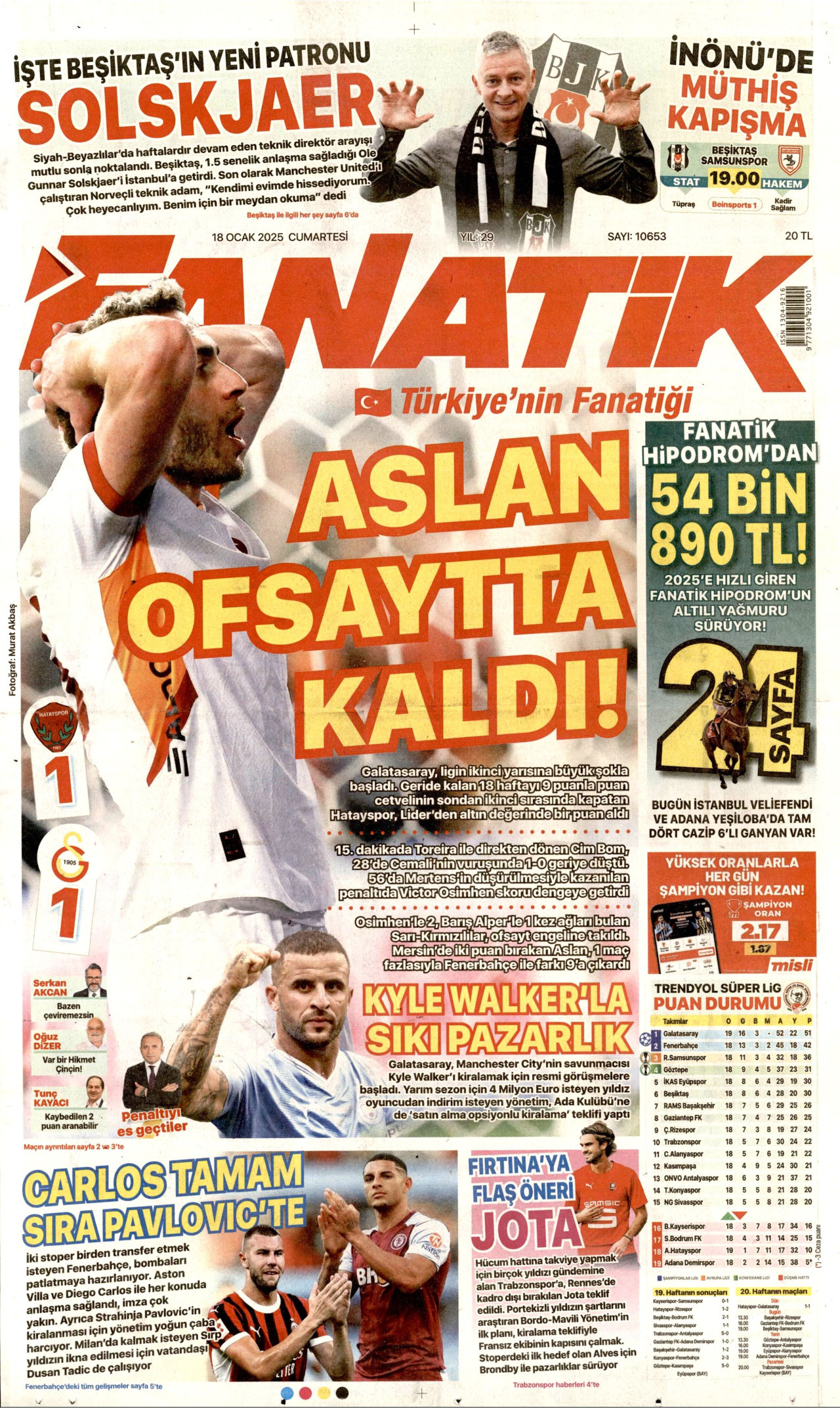 FANATİK gazetesinin 18 Ocak 2025 tarihli birinci sayfası
