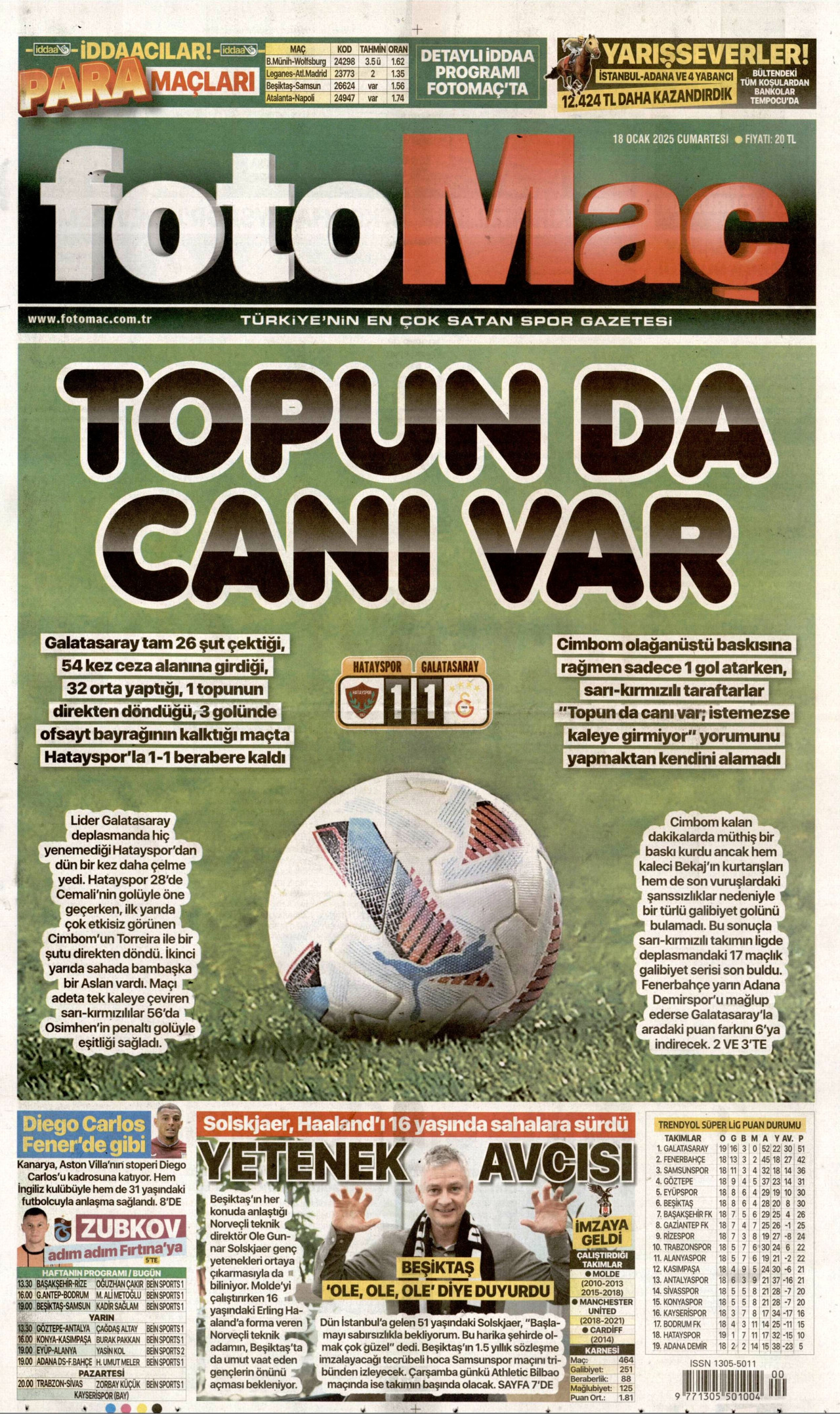 FOTOMAÇ gazetesinin 18 Ocak 2025 tarihli birinci sayfası