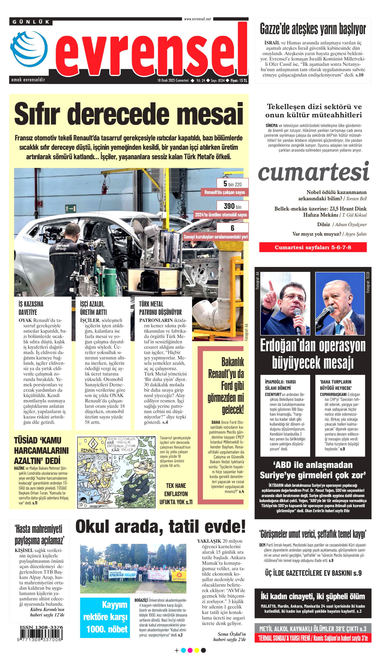 EVRENSEL gazetesinin 18 Ocak 2025 tarihli birinci sayfası