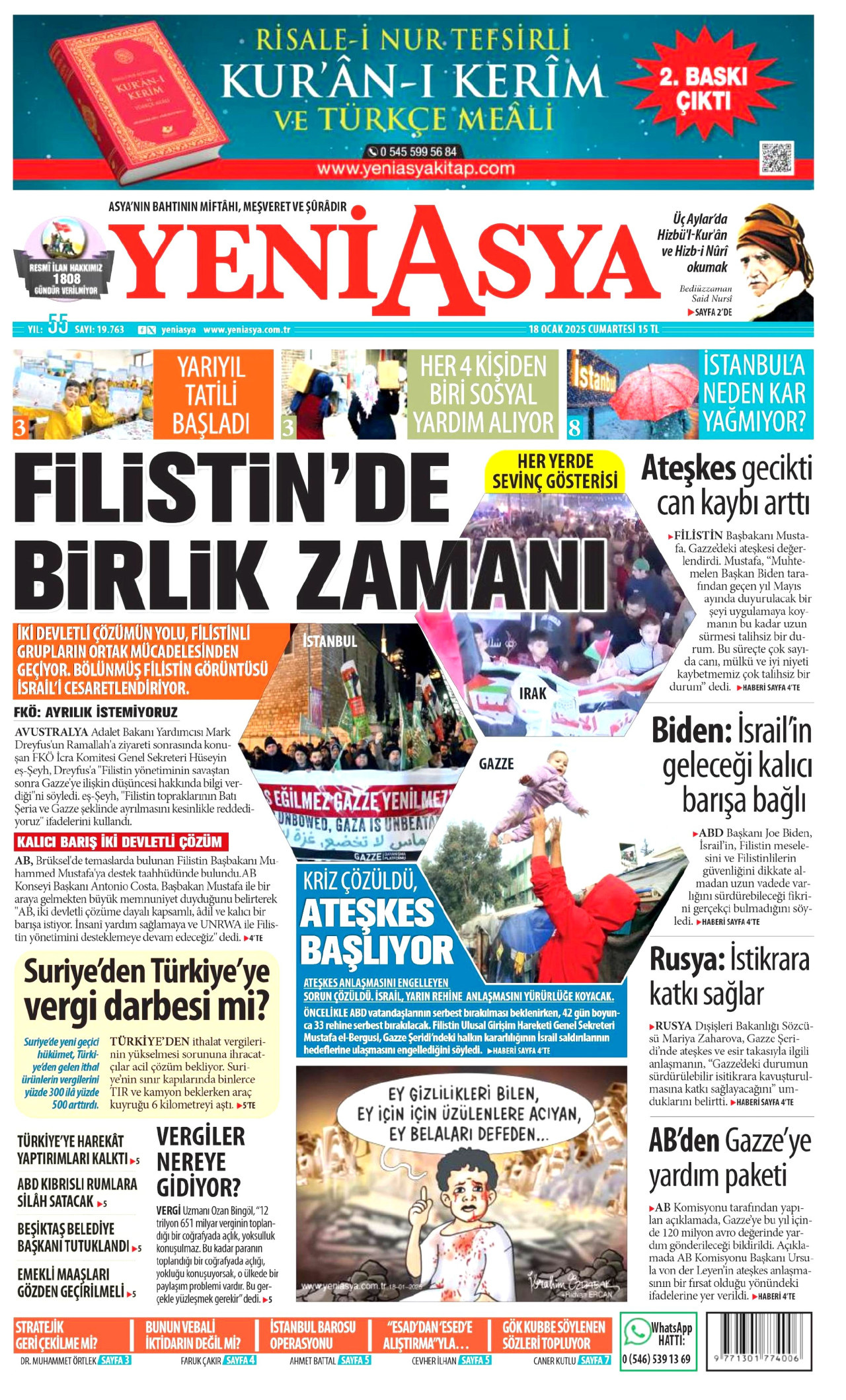 YENİ ASYA gazetesinin 18 Ocak 2025 tarihli birinci sayfası