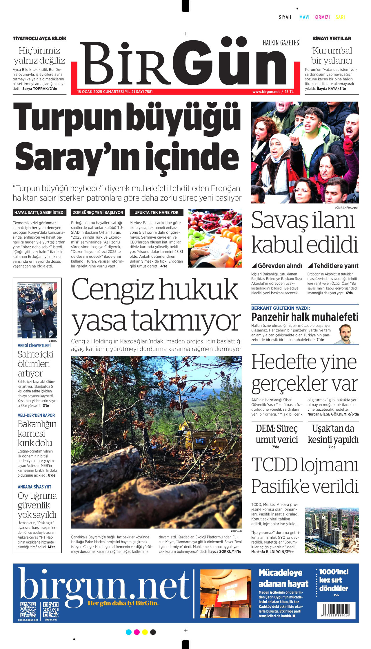 BİRGÜN gazetesinin 18 Ocak 2025 tarihli birinci sayfası