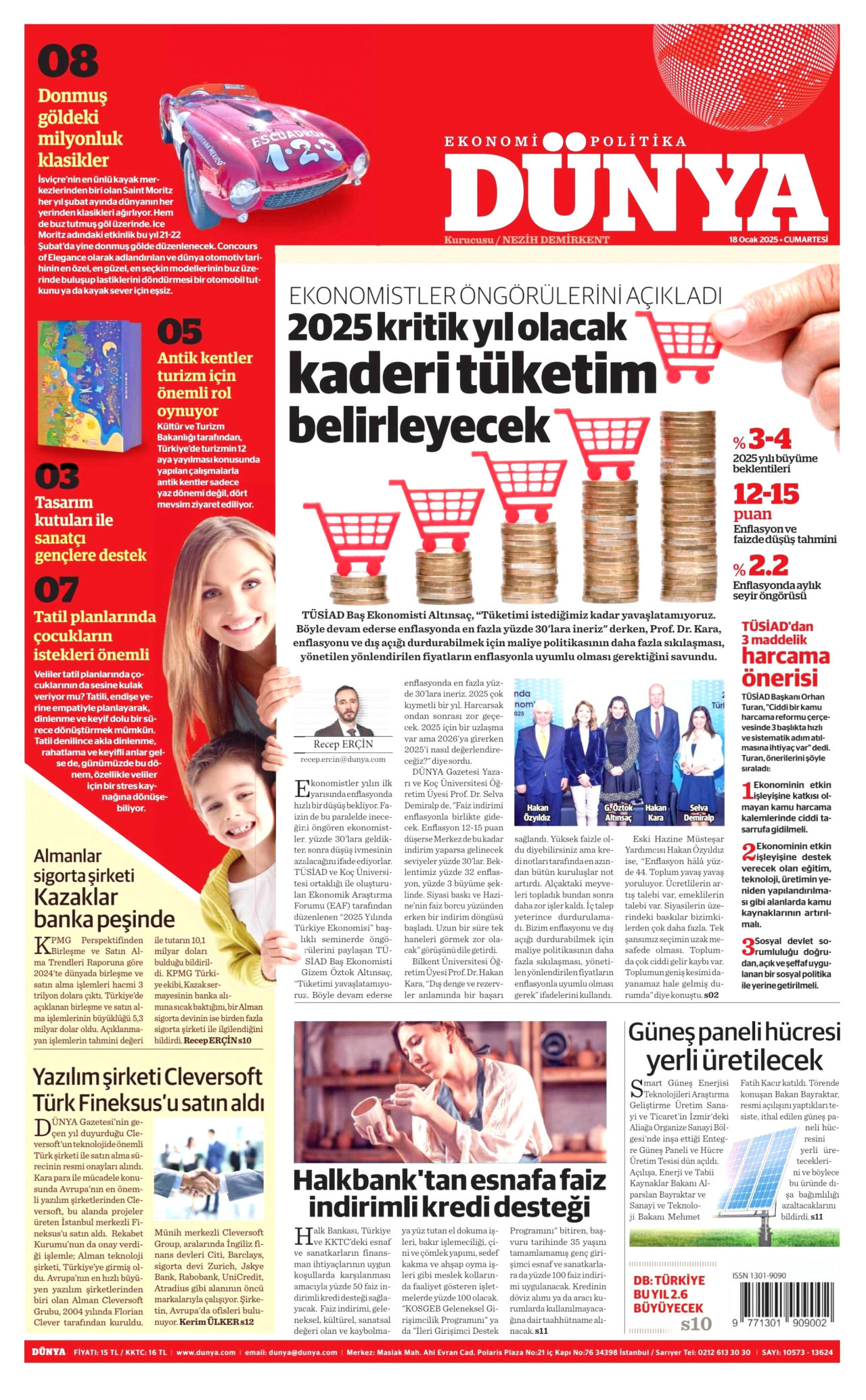 DÜNYA gazetesinin 18 Ocak 2025 tarihli birinci sayfası