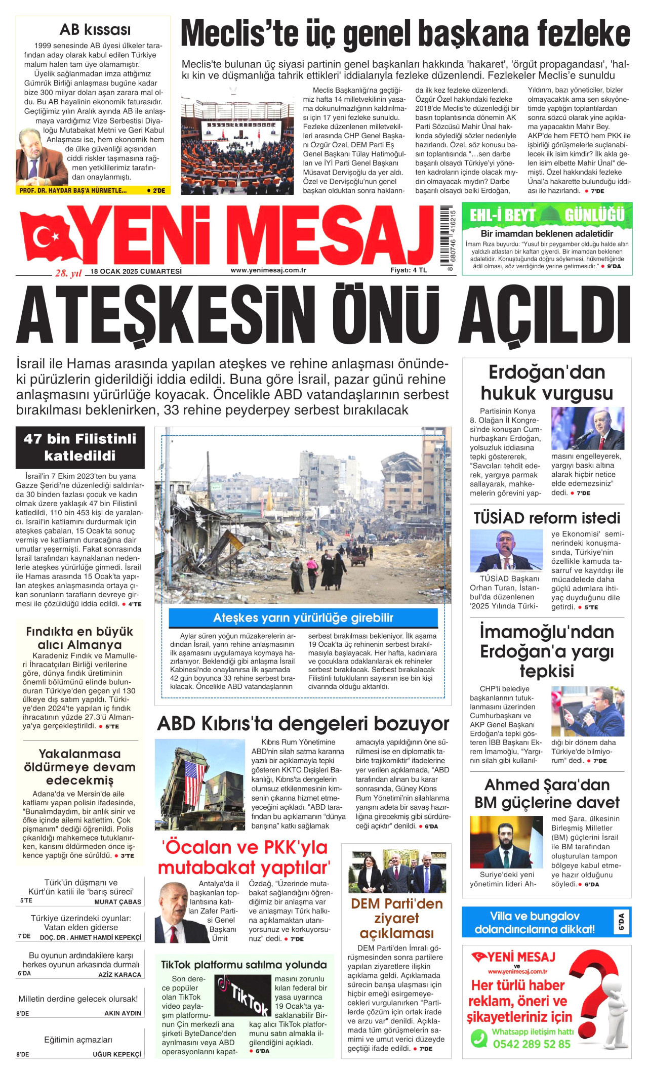 YENİ MESAJ gazetesinin 18 Ocak 2025 tarihli birinci sayfası