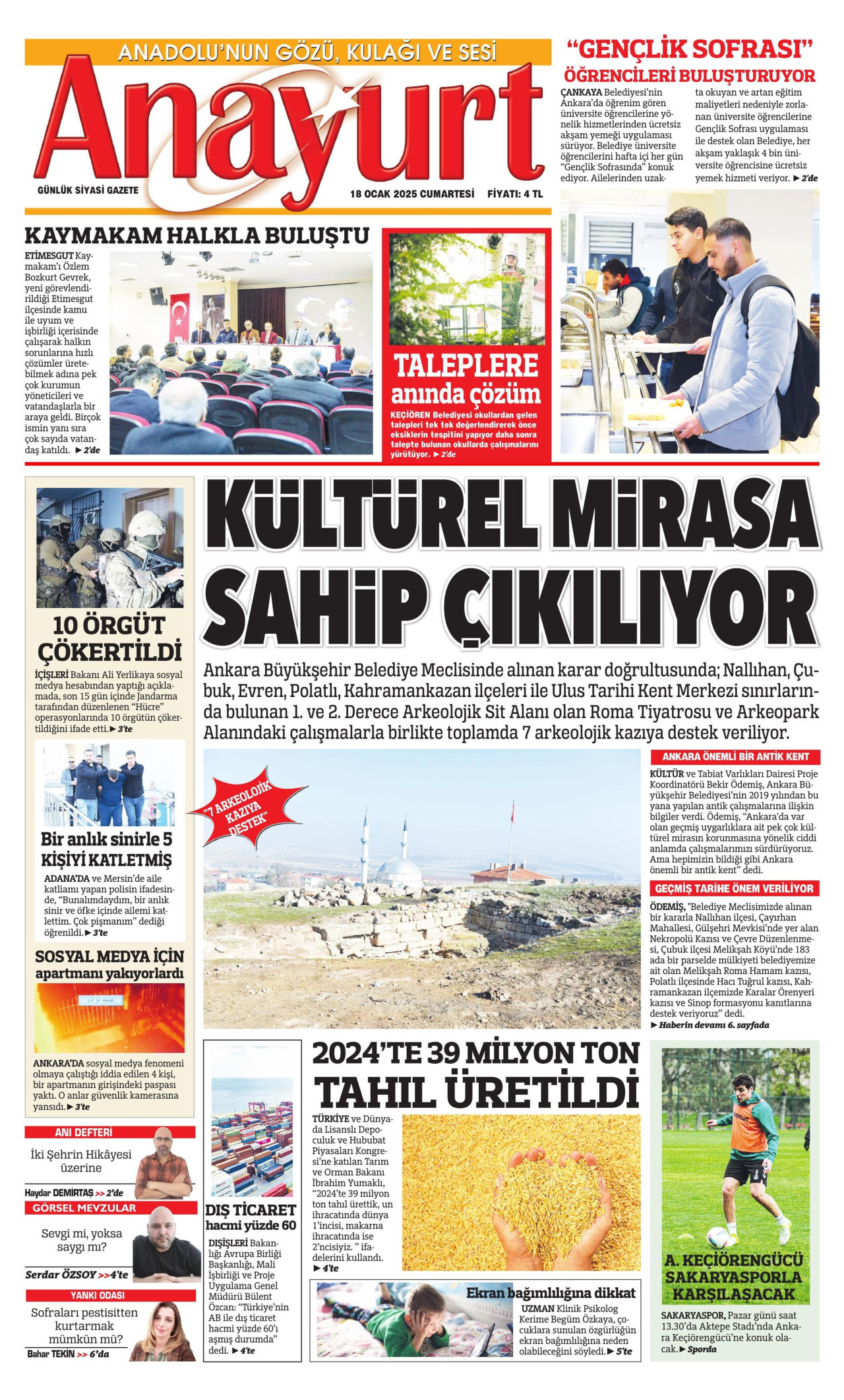 ANAYURT gazetesinin 18 Ocak 2025 tarihli birinci sayfası